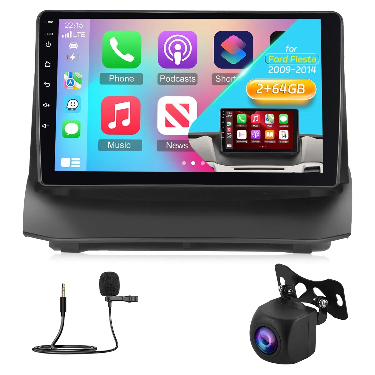 NHOPEEW 2+64G 9 Zoll Android Radio für Ford Fiesta 2009-2017 - Wireless CarPlay & Android Auto GPS Navigation, Lenkradsteuerung, FM RDS, Split-Screen + Rückfahrkamera