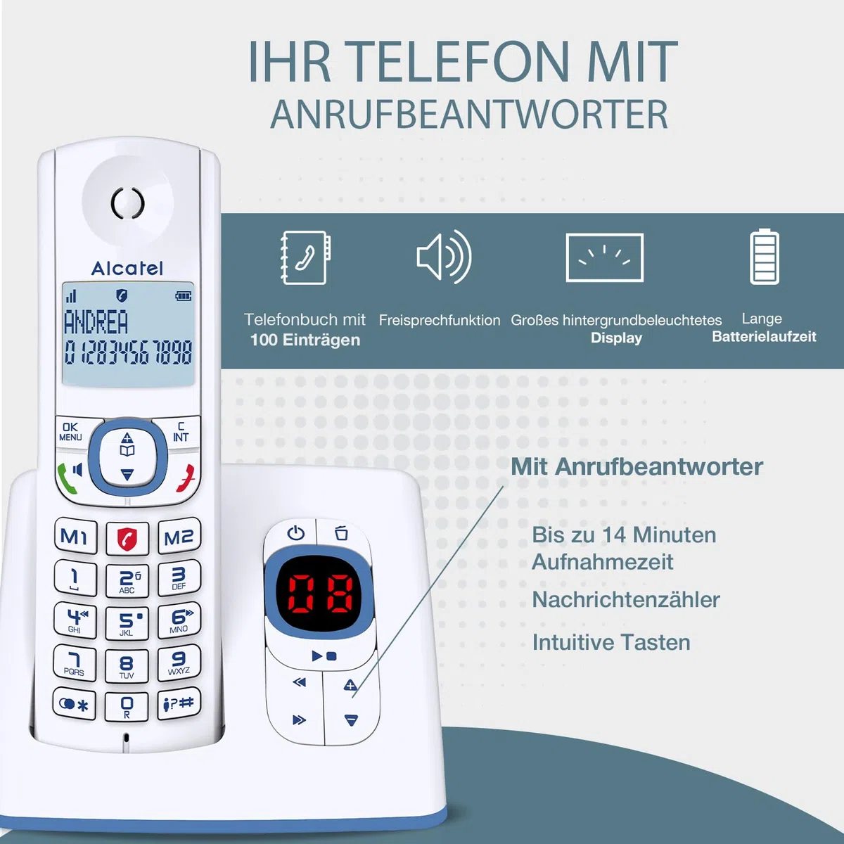 ALCATEL F530 Voice - Schnurloses Festnetztelefon DECT mit Anrufbeantworter - Großes beleuchtetes Display - Freisprechfunktion - Anrufblockierungsfunktion - 2 Direktwahltasten - Weiß/Blau