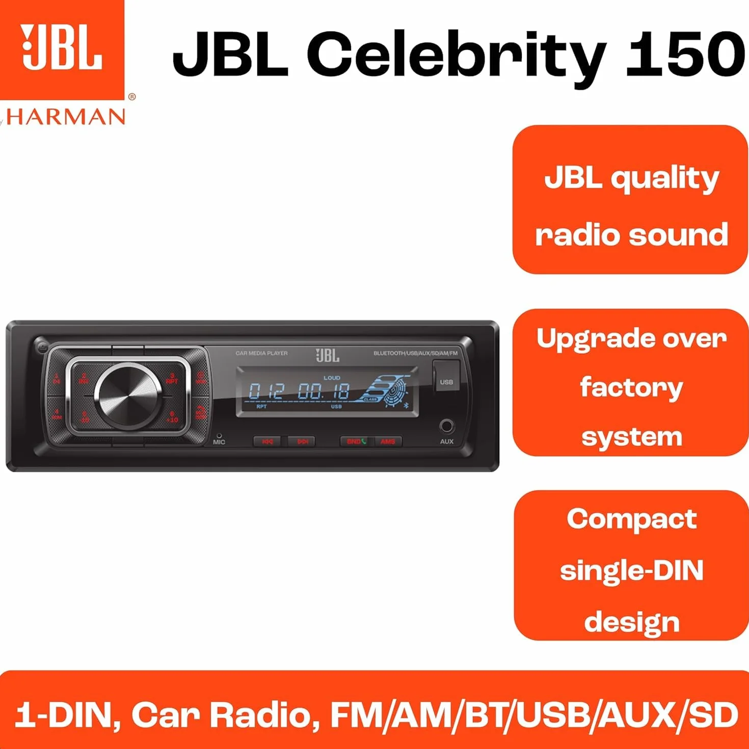 JBL Autoradio Bluetooth Celebrity 150 von Harman Kardon, 1 DIN 4 x 50W AM/FM Radio Mit Bluetooth Streaming und Freisprecheinrichtung für Auto mit Abnehmbares Display, USB, SD, AUX und 2 RCA Ausgänge
