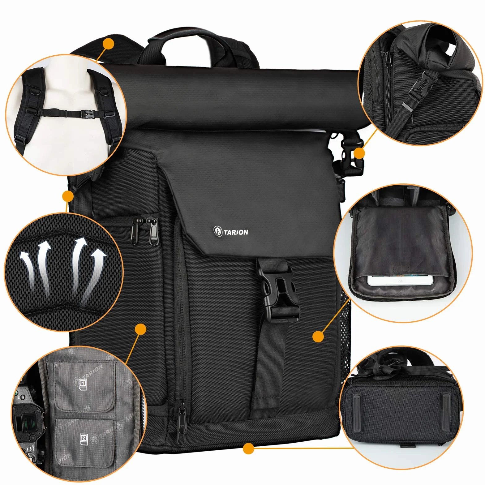 TARION Kamerarucksack Wasserdicht Fotorucksack Kameratasche DSLR Rucksack mit 15,6 Zoll Laptophülle und Regenschutzhülle(SP-01-Schwarz)