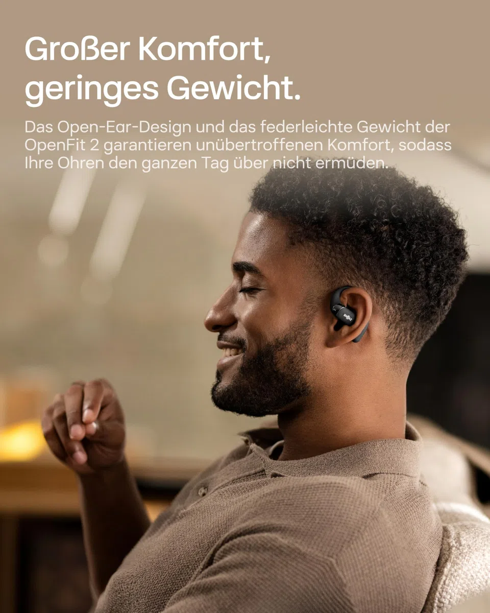 SHOKZ OpenFit 2 Open-Ear-Kopfhörer, True-Wireless-Bluetooth-Ohrhörer mit Mikrofon, Ohrbügel-Open-Ear Headphones mit 48 Stunden Wiedergabezeit, Schnellladung, IP55 Wasserfest, mit Tragetasche, Schwarz
