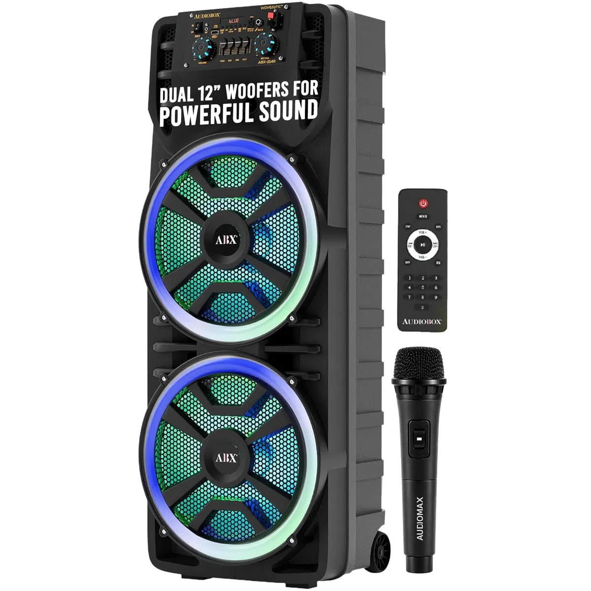 Audiobox ABX-214R Dual 30,5 cm tragbarer Bluetooth-Lautsprecher, leicht, aber laut mit BASS, RGB-Partylichtern, kabellosem Mikrofon, Lautstärke, Höhen und Bassreglern, 94 cm hoch