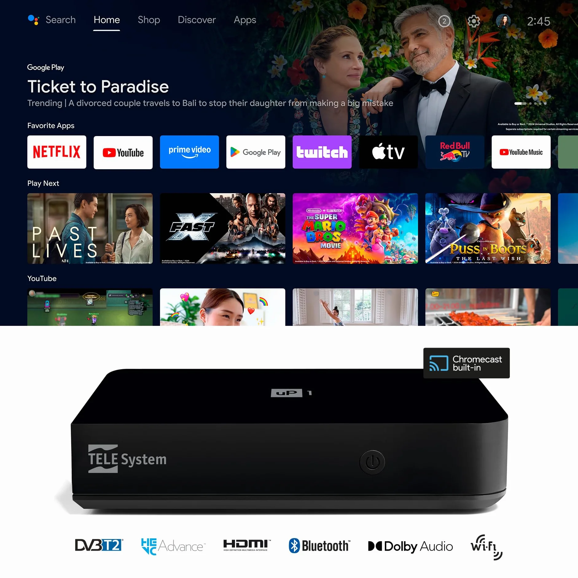TELE System UP1 Digitaler terrestrischer Decoder Android TV Ultra HD, Netflix Zertifiziert, Prime Video, Disney+, Chromecast eingebaut, DVB-T2 HEVC, HDR10+ HLG, AV1, HDMI/SCART.