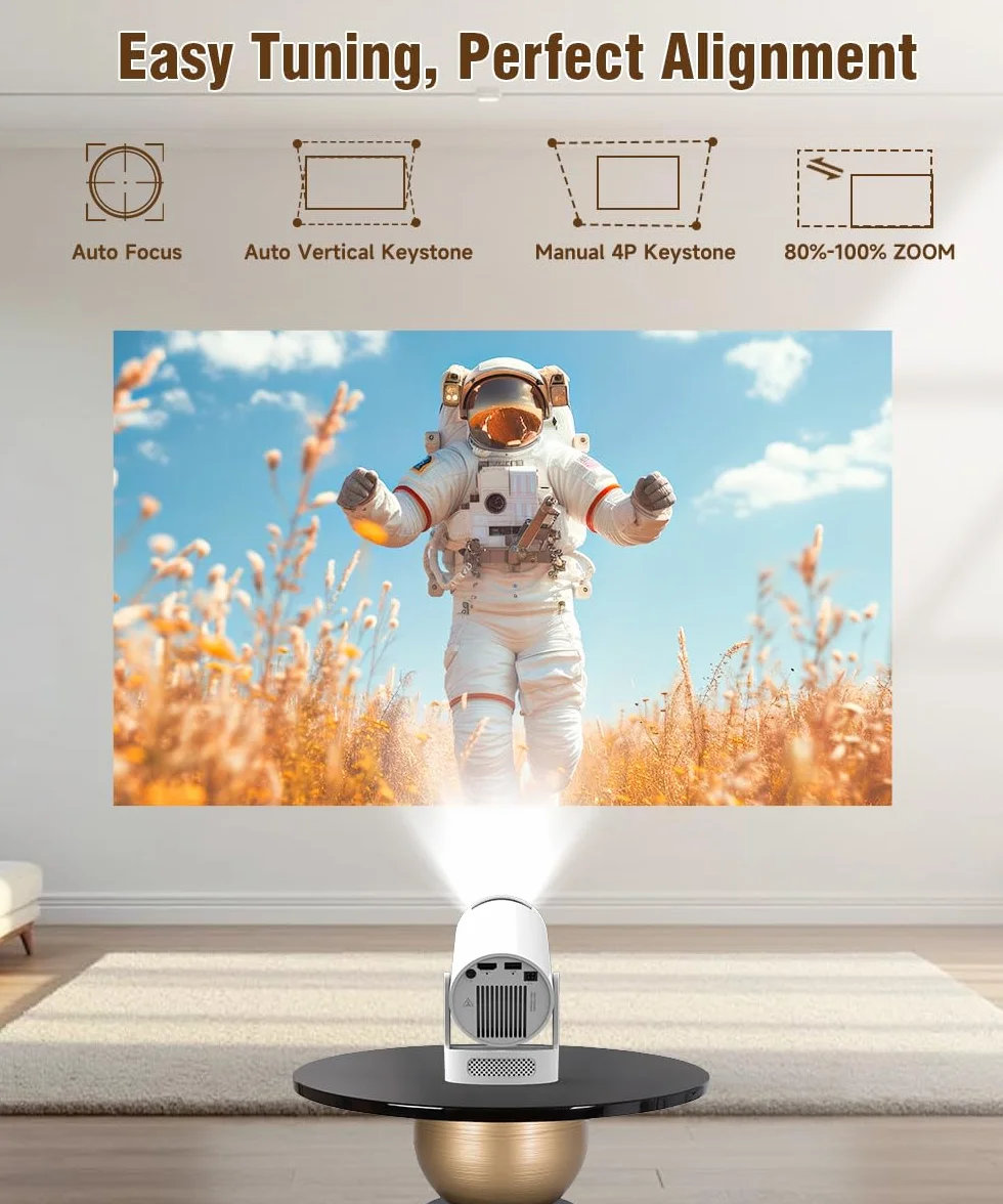 Mini Projektor 4K Unterstützt, Wi-Fi 6, Bluetooth 5.4, 5W Lautsprecher, Automatischer Trapezkorrektur, 180° drehbar, tragbarer Projektor