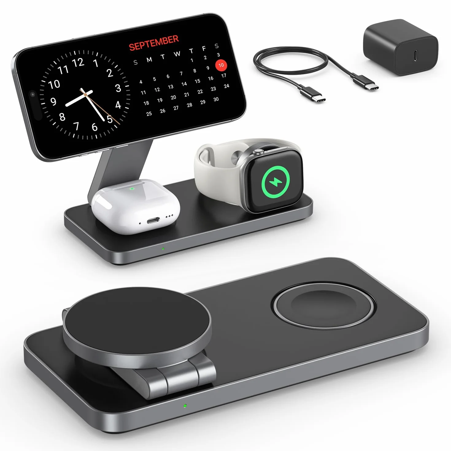 Induktive Ladestation Kompatibel mit Magsafe Ladegerät,QTlier 3 in 1 iPhone Ladestation für Air 17/16/15/14/13/12 Serie,20W Wireless Charger für Apple Watch 10/9/8/7/6/5/4/3 und AirPods (Tief Schwarz)