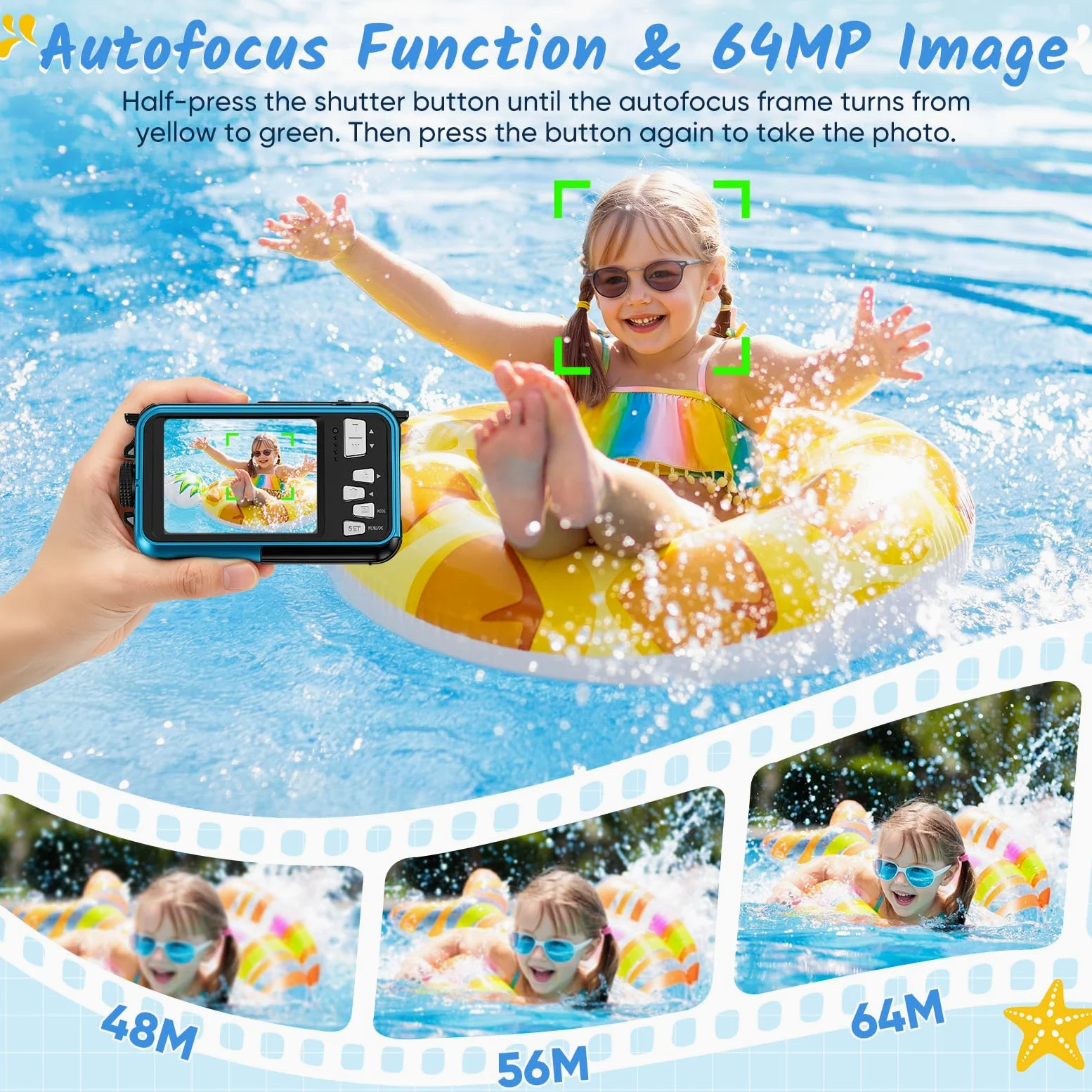 Unterwasserkamera 64MP mit Autofokus & 4K Video, IP68 Wasserdicht Kamera bis 16FT, Digitalkamera mit 32GB Karte, Duales Display, 16X Zoom für Schnorcheln, Blau