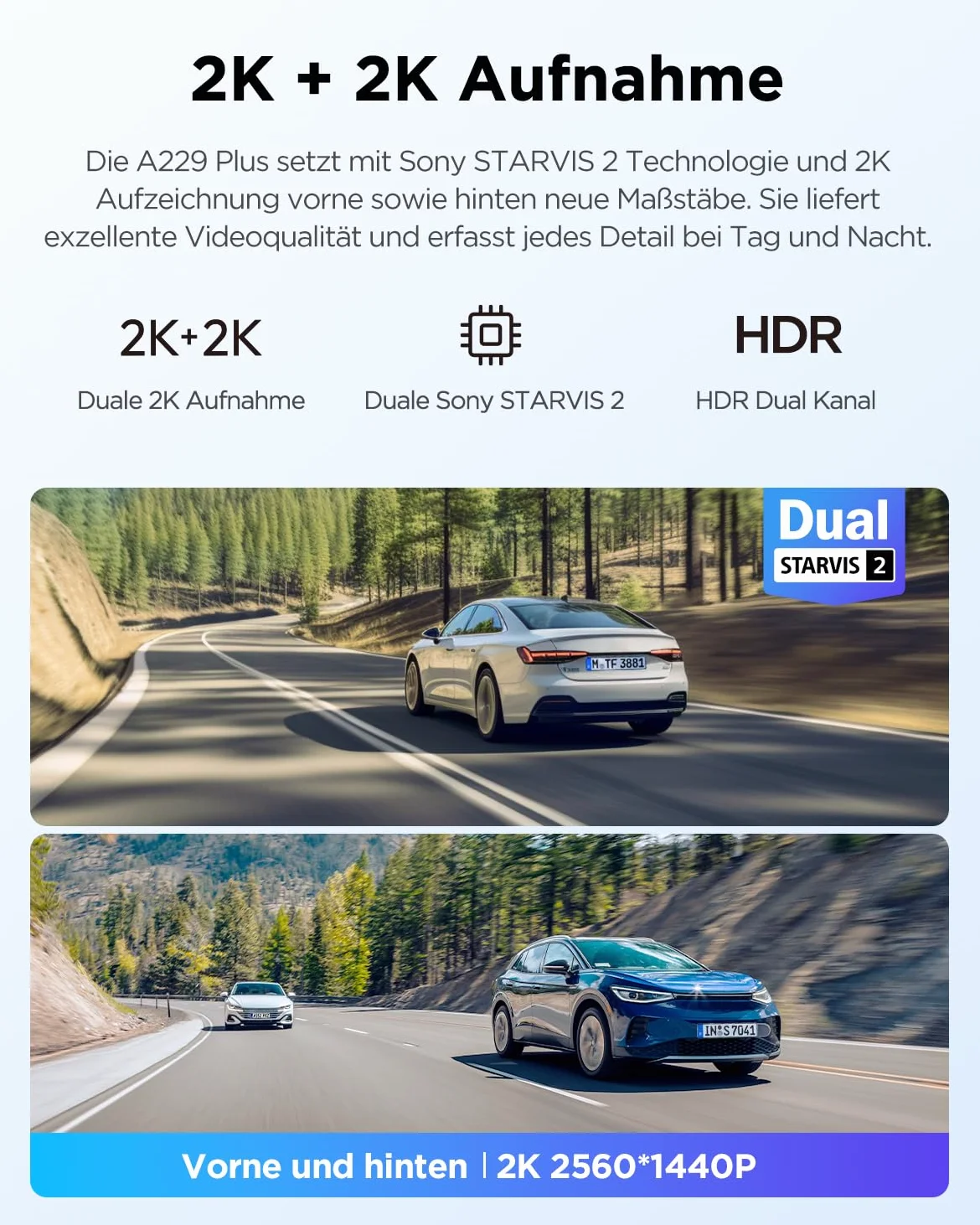 VIOFO A229 Plus 2K + 2K Dual STARVIS 2 HDR Dashcam Auto, Sprachsteuerung & 5GHz Wi-Fi, GPS, Super Nachtsicht 2.0, 2,4" LCD, 512 GB Max