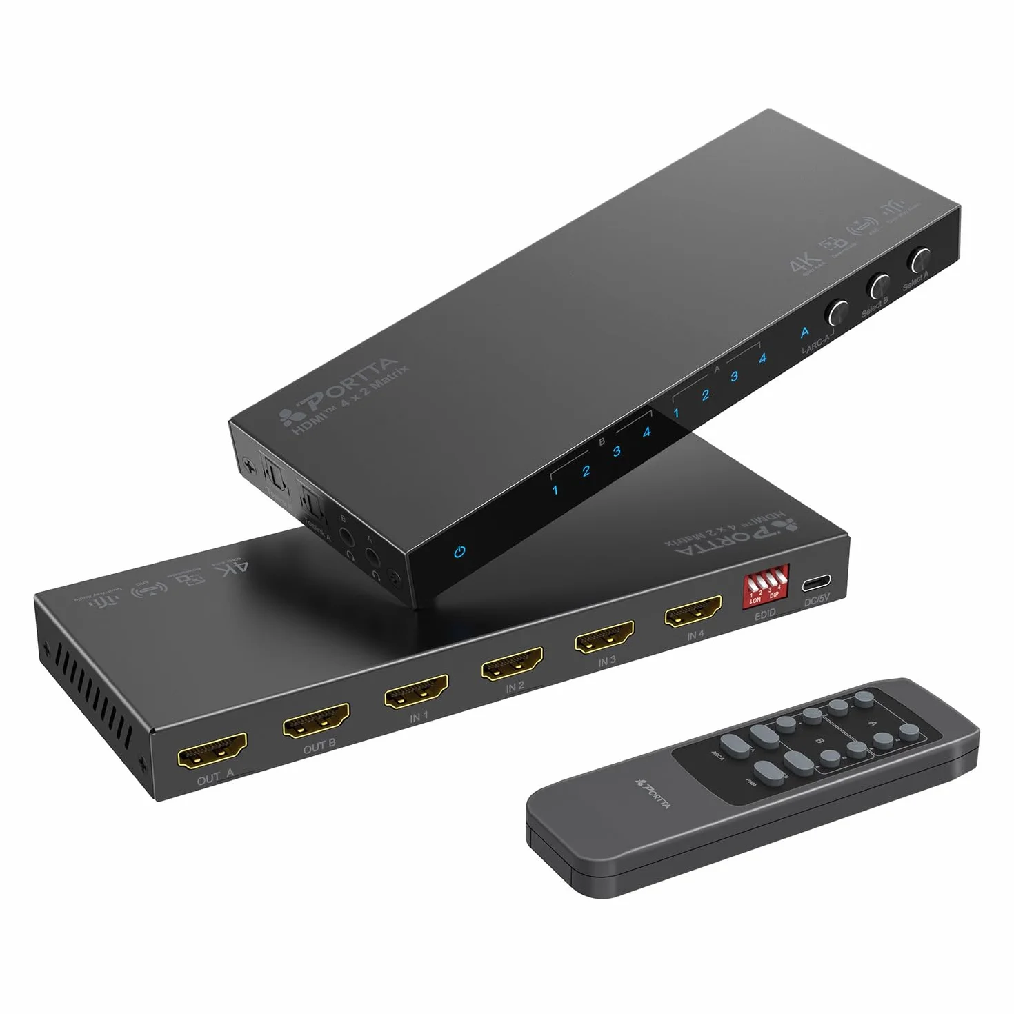 PORTTA HDMI Matrix 4x2 4K 60Hz, 4 in 2 Out mit Toslink 3.5 mm Audio Extractor ARC 16 EDID Modes 4K Downscale und IR Fernbedienung, unterstützt HDMI 2.0b HDCP 2.3/2.2 HDR 3D