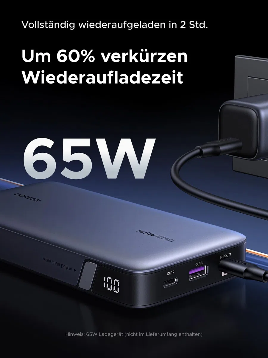 UGREEN Nexode Power Bank 145W Max 25000mAh externer Akku mit 3 Anschlüsse USB C Powerbank mit Digitales Display, kompatibel mit MacBook Pro/Air, iPhone 17 Pro Max/Pro/16/15, Galaxy S25 Ultra, Dell