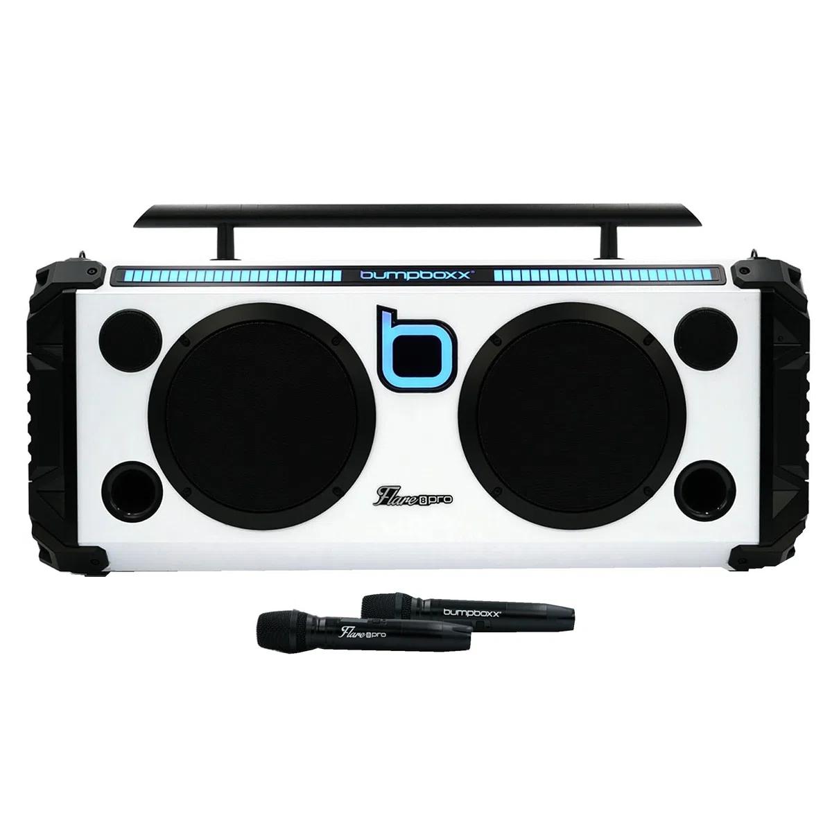 Bumpboxx Flare8 Pro Tragbare Bluetooth Boombox, Weiß, 2 kabellose Mikrofone | Wiederaufladbare Lithium-Akku-Boombox mit 2 kabellosen Mikrofonen, Tragegurt und Fernbedienung.