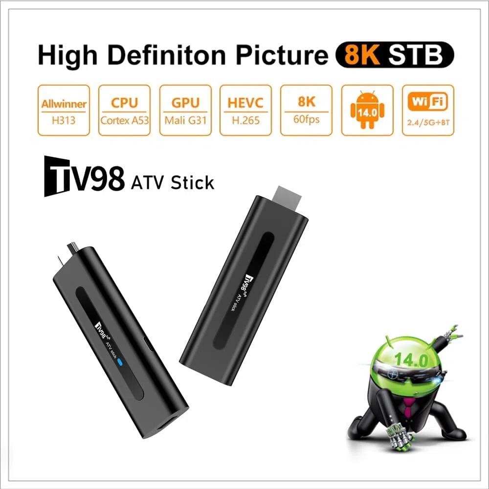 Android 14.0 TV Stick Box, 8K UHD Streaming Player 2025, Smart TV Box mit 2GB RAM 16GB ROM, Dual WiFi 2.4G/5.8G, Bluetooth 5.0, Sprachsteuerung, HDMI Plug & Play Media Player