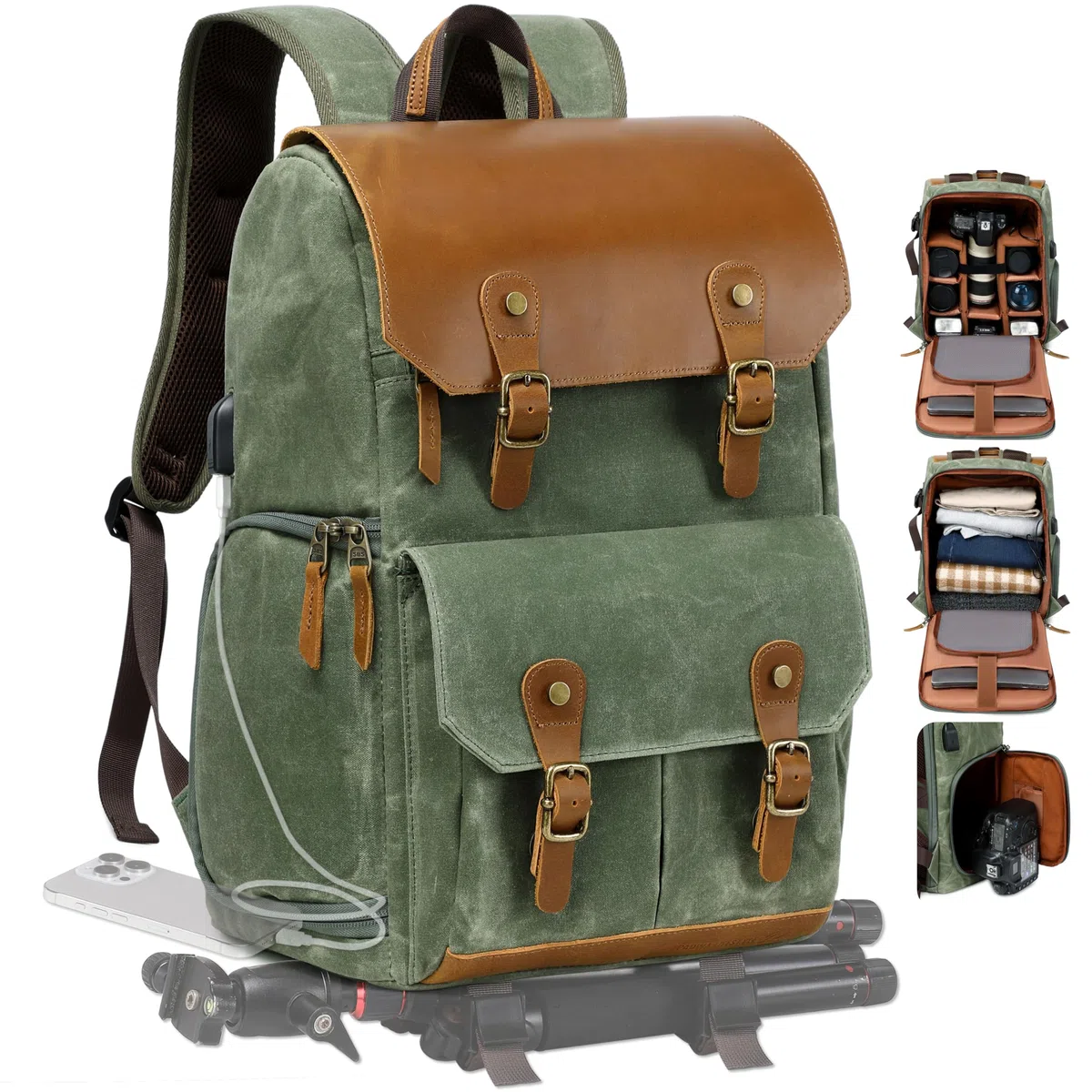 Padwa Lifestyle Grüner Kamerarucksack - wetterfeste Kameratasche aus gewachstem Memory Canvas mit 16“ Laptop-/Objektivfach und Stativfach, Mehrzweck-Kamerarucksack für professionelle Fotografen