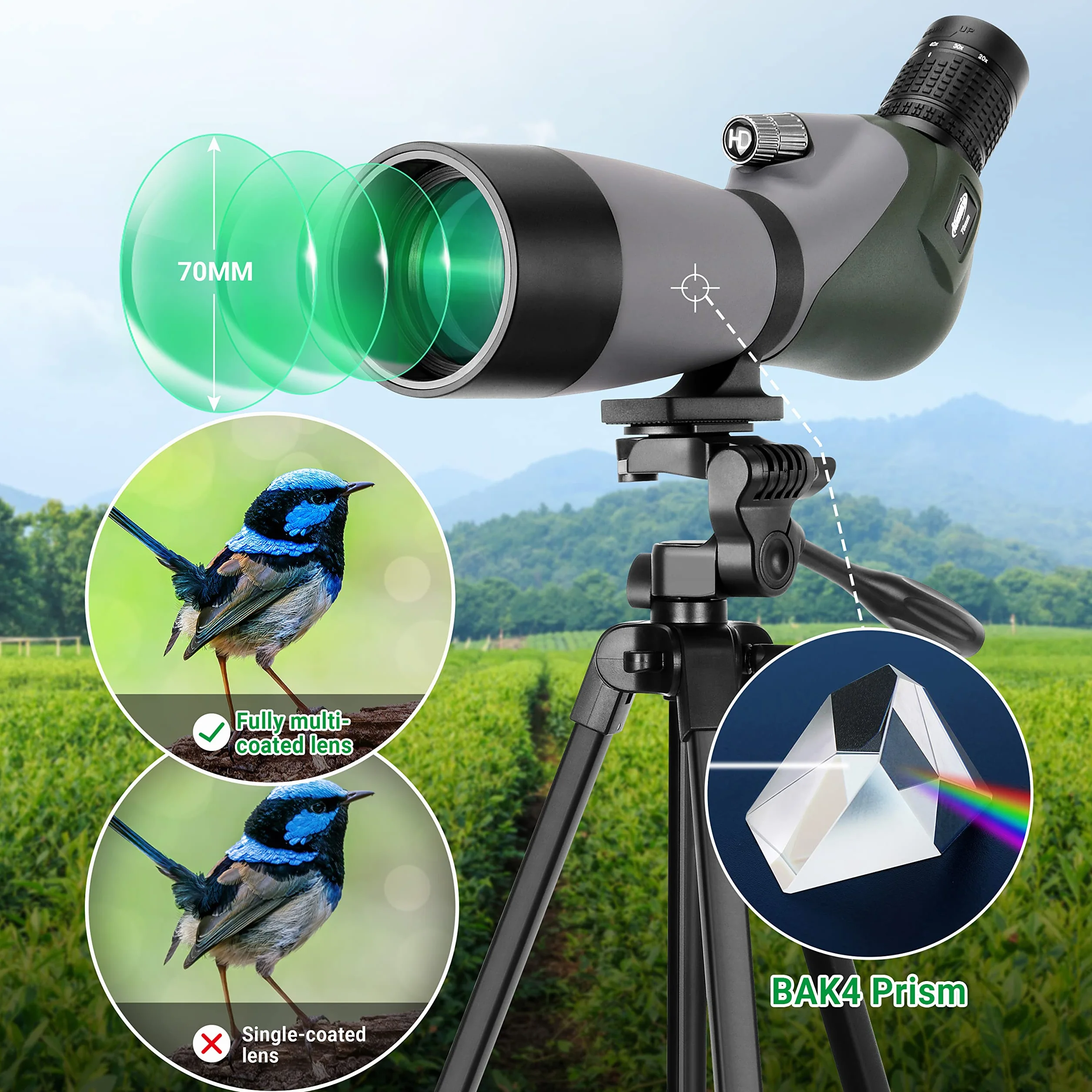 Aomekie 20-60x70MM Spektiv Sportschützen Jagd mit Verstellbarem Stativ Spotter Scope Wasserdicht Telefonadapter und Tragetasche BAK4 Porro Prism Fernrohr Teleskop Monokular Fernglas