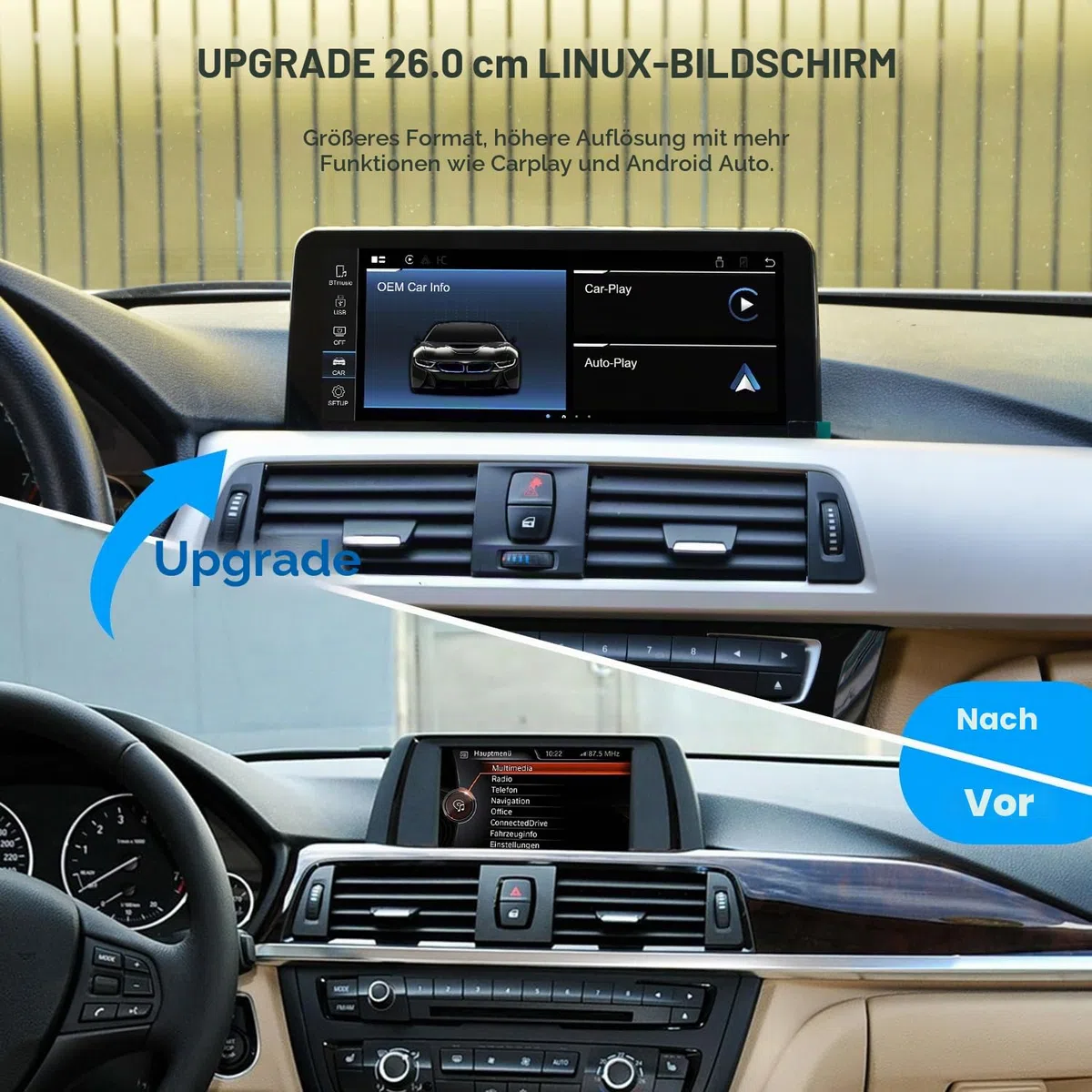 PEMP Linux Display für BMW 1er F20 F21 F22 3er F30 F31 F32 F33 F34 F35 NBT CIC Kabelgebunden und Drahtlos CarPlay Android Auto Nutzen das Original Bluetooth. 1920 x 720 Bildschirm (2012-2017)