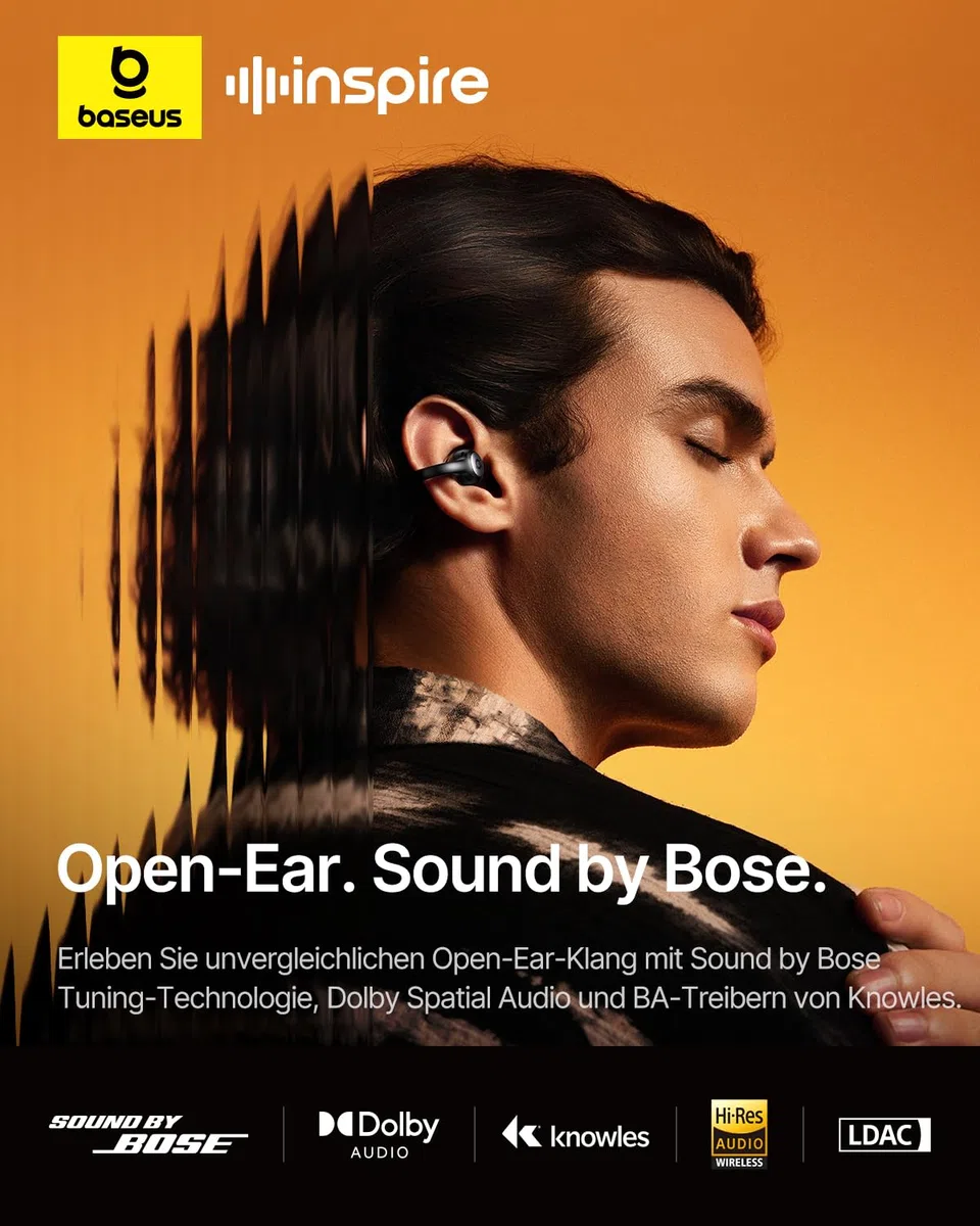 Baseus Inspire XC1 Open-ear Kopfhörer, Sound by Bose, Cloud-Komfort Open Earbuds mit Dolby Audio | Hi-Res | Hybride 2-Wege-Treibereinheit | Knowles BA-Tweeter, 40 Std. Spielzeit, IP66, KI-klare Anrufe