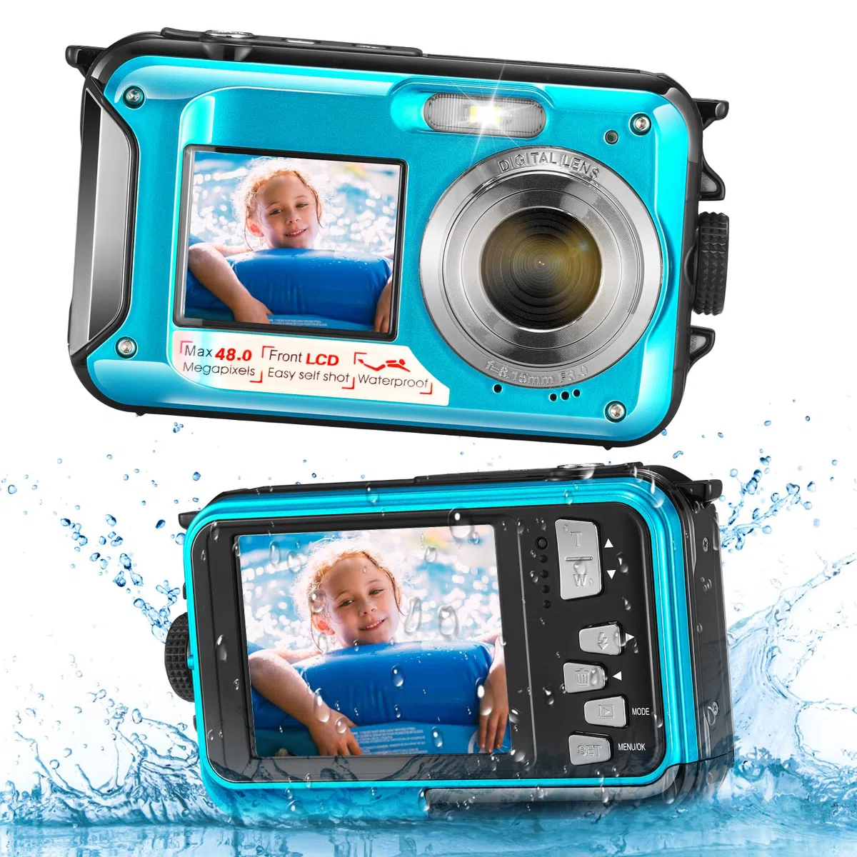 wasserdichte Digitalkamera, 2.7K HD 48MP Unterwasserkamera mit Dualem Display 3M Tauchkamera für Schwimmen, Anti-Shake 16X Digitaler Zoom, Blau