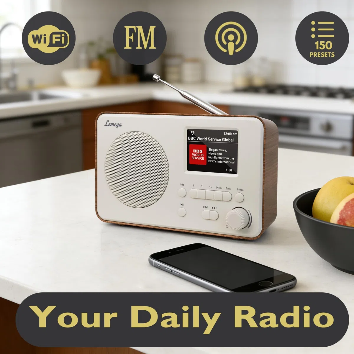 LEMEGA IR1S Internetradio mit Podcast-Funktion & Bluetooth – DAB/DAB+, FM Radio, 150 Senderspeicher, Radiowecker, Kompaktes Küchenradio mit Farbdisplay, Netz- oder Batteriebetrieb, Walnuss