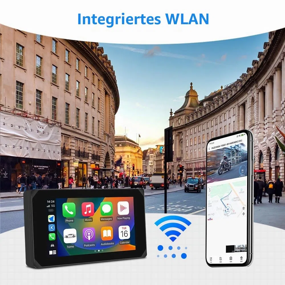 VSYSTO Motorrad Carplay Bildschirm, Kabelloses Carplay und Android Auto mit Dashcam Vorne Hinten 1080P für Moto, 5 Zoll Wasserdichter Touchscreen mit GPS Navigation, BT Audio, Siri Assistant, TPMS