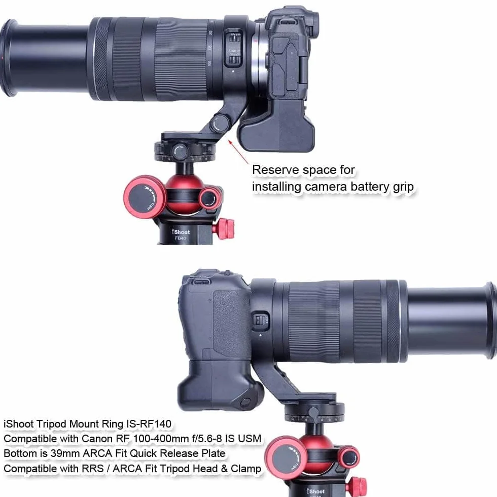 iShoot Metall-Stativ-Halterungsring, Objektivkragen, kompatibel mit Canon RF 100–400 mm f/5.6–8 IS USM, Objektivstützhalterung, Unterseite ist Arca-Swiss Fit Schnellwechselplatte Schwalbenschwanznut