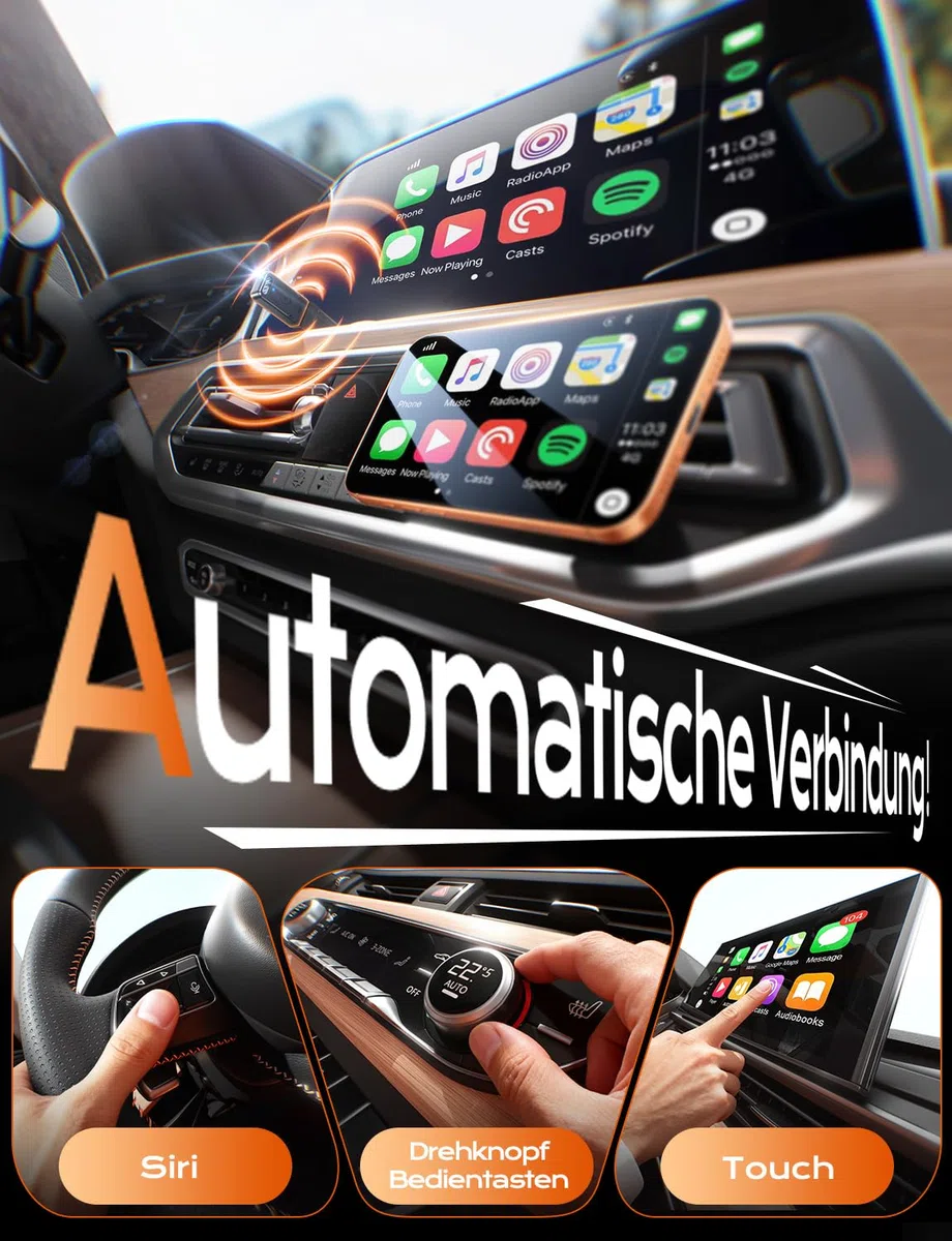 für Apple Carplay Wireless Adapter, 3X Autoverbindung, Keine Latenz, Plug&Play, Wireless Carplay Adapter, 2026 Mini Car Play Kabellos Dongle für GPS-Geräte mit Navigation, USB A/C (Schwarz)