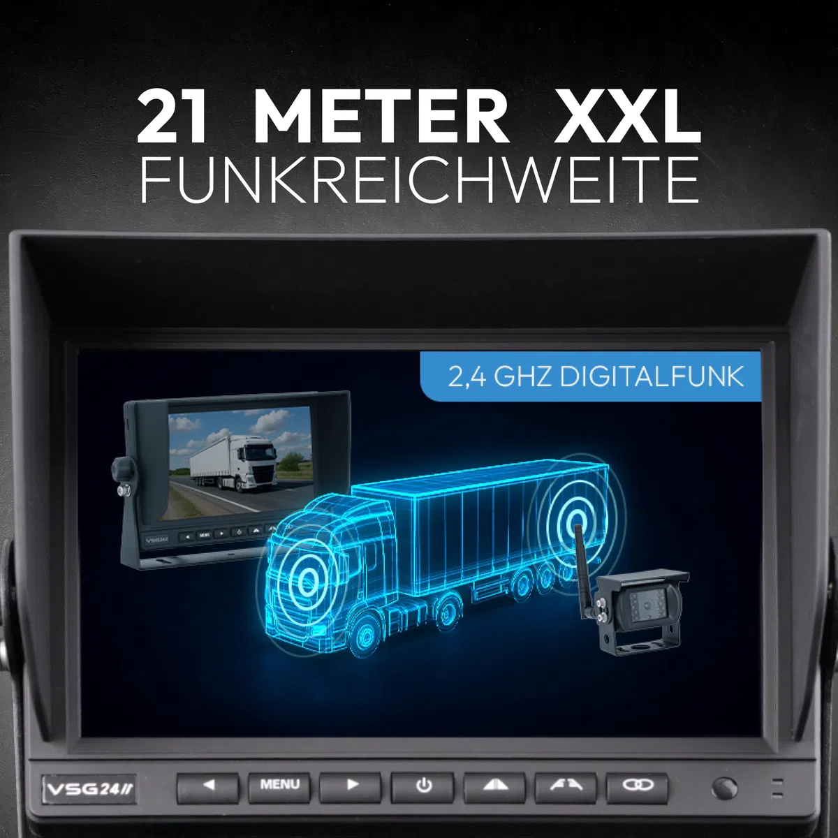 VSG24 7“ Evolution HD Funk Rückfahrsystem für Wohnmobil & LKW, KFZ Set kabellos inkl. Rückfahrkamera + Monitor, einfach zum DIY Nachrüsten 12V-24V, Kamera digital, Auto Rückspiegel Einparkhilfe