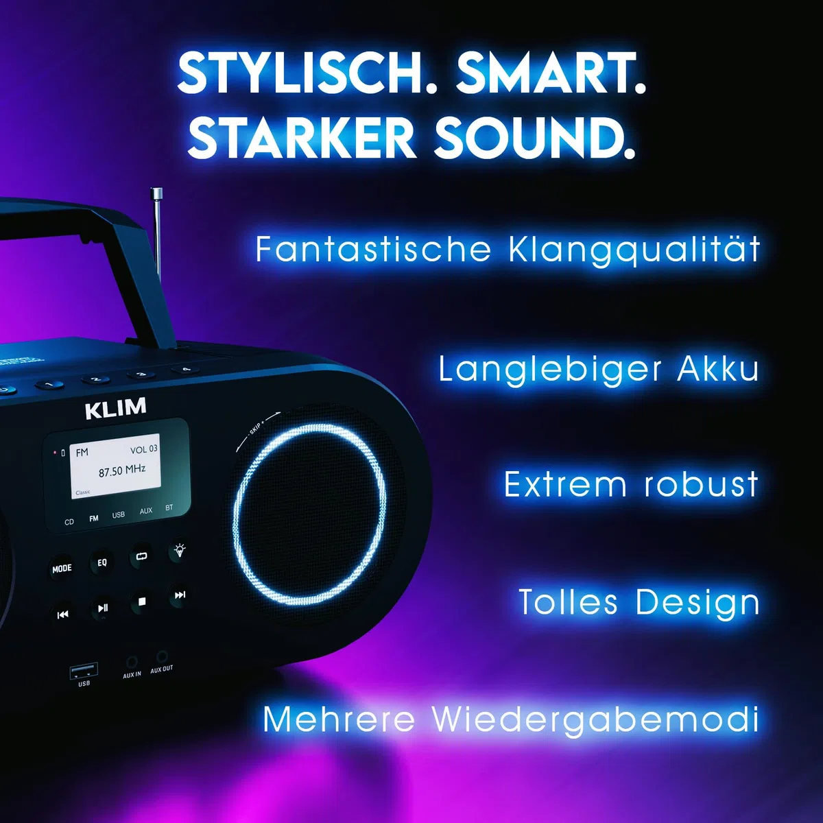KLIM Boombox B5 Radio mit CD Player + FM Radio, Bluetooth, AUX, USB + NEU + CD Player tragbar mit kabellosem Modus und aufladbaren Akku + CD-Player mit Autosleep, Digital EQ