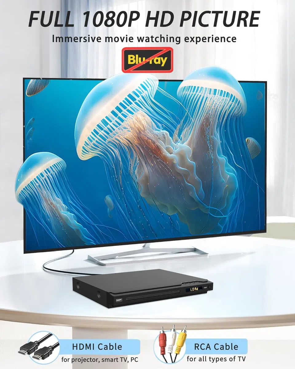 DVD Player für Fernseher 1080p HDMI DVD Players unterstützen PAL/NTSC, Multi Region Free DVDs Spieler mit Karaoke-Anschlüssen, USB-Eingang, HDMI- und AV-Kabeln
