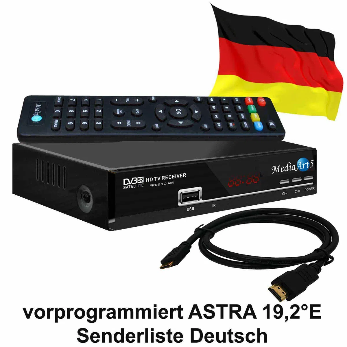 Sat Receiver Mediaart -5 WLAN programmiert Deutsche Senderliste Astra HD 2xUSB YouTube DVB-S2 FTA Scart HDMI