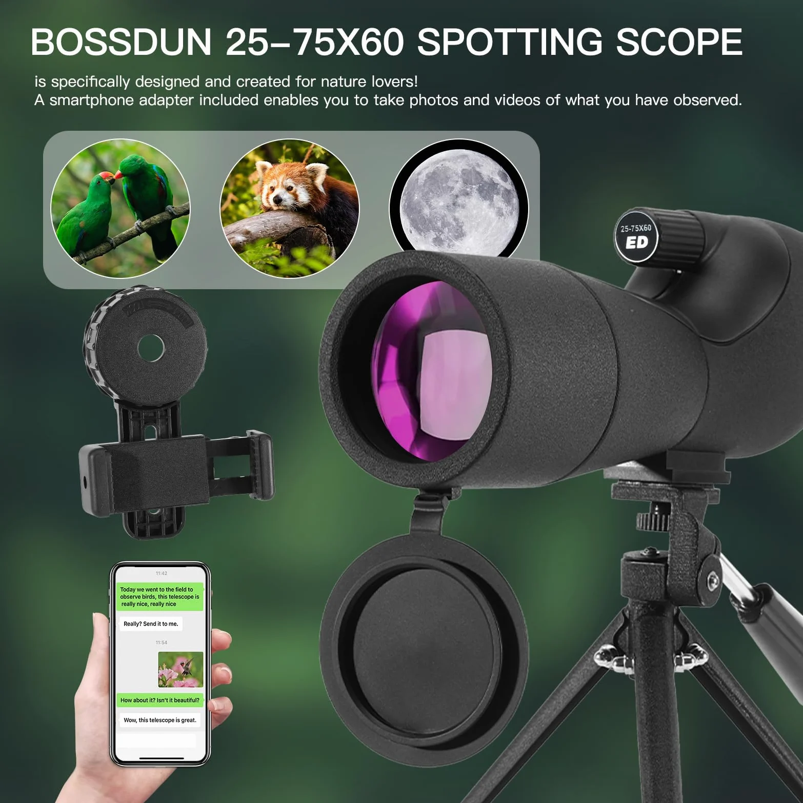 25-75X60 Spektive für Zielschießen, Jagd, Vogelbeobachtung, Wildtierbeobachtung. Low Light Vision Spektiv mit Metall-Stativ, Telefon-Adapter, Tragetasche, BAK4 Prisma, FMC-Objektiv, beschlagfrei (60B)