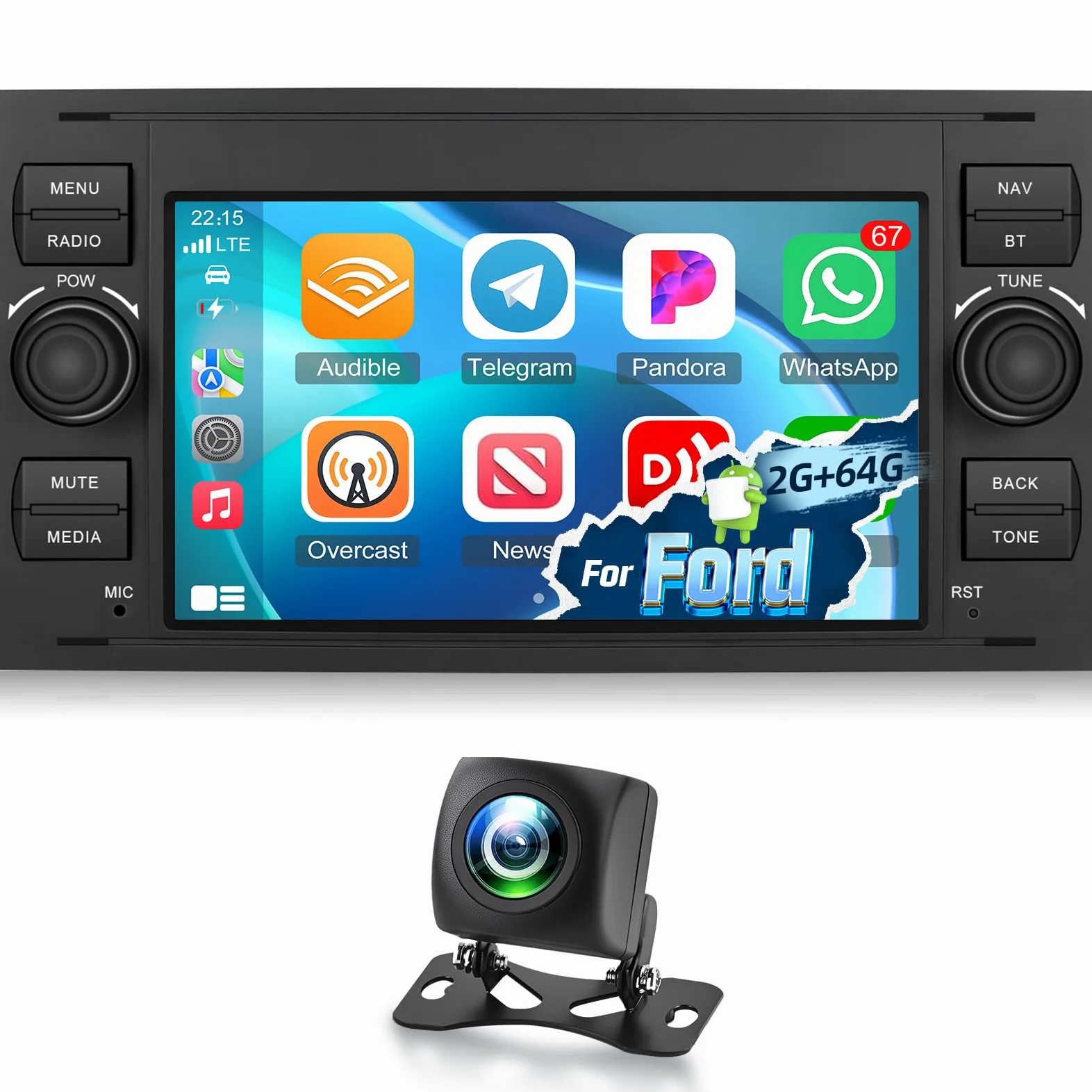NHOPEEW 2+64G Autoradio für Ford Transit Fiesta Focus Galaxy Mondeo Fusion | für Kuga C-Max S-Max Connect mit Carplay&Android Auto - 7 Zoll Radio Unterstützung WiFi GPS SWC + Rückfahrkamera&Mic