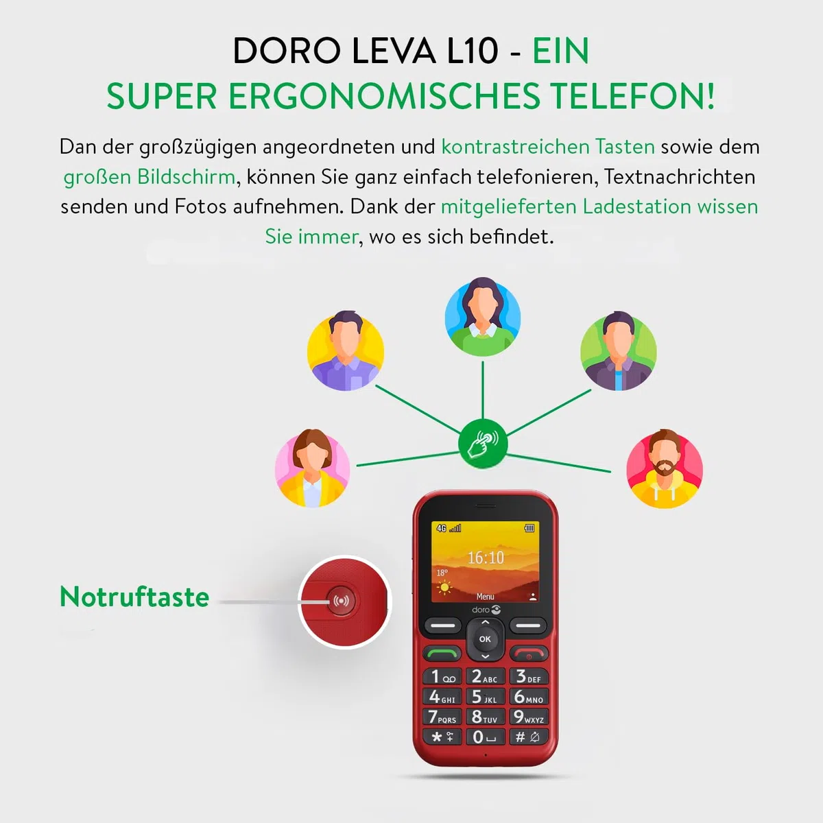 Doro - Leva L10 - Téléphone Portable Senior - Téléphone 4G Débloqué - Grand Écran - Son HD Puissant - Appareil Photo - Touche d'Assistance Avec GPS - Socle Chargeur Inclus - Graphite
