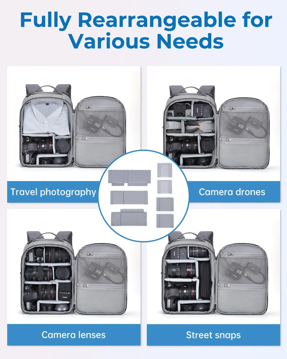 Kompakter 2-in-1 Kamerarucksack für Fotografen, kompatibel mit Sony Canon Nikon DSLR Kameras und 12,9 Zoll Tablet, umwandelbar in Umhängetasche für vielseitige Reisen, Beige, grau, L, Casual