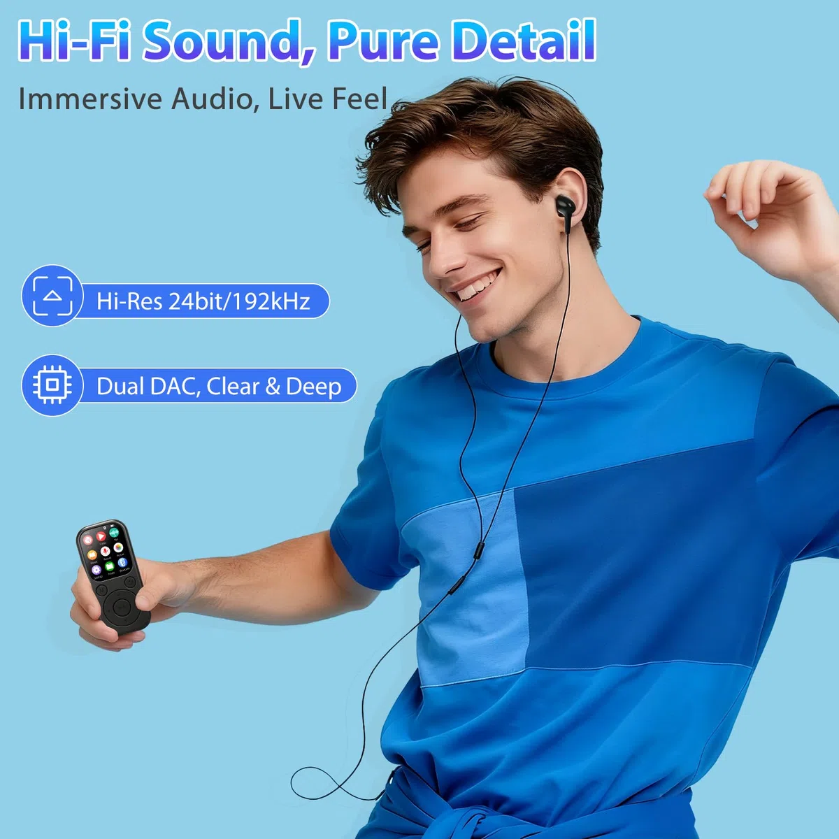 MP3 Player mit Bluetooth 5.3, Tragbarer Musikplayer mit 64GB Speicherkarte, FM Radio, Sprachaufnahme, HiFi Sound, MP3 & MP4 Player, Kinder MP3 Player, Kopfhörer inklusive, Unterstützt bis zu 128GB
