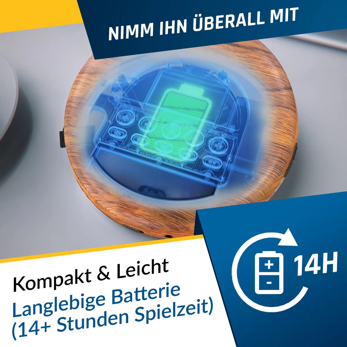 KLIM Nomad Wood – Neuheit – tragbarer CD-Player – integrierter Akku mit langer Lebensdauer – Kopfhörer KLIM Fusion, MP3, TF-Player, tragbares Mini-Radio, Bluetooth – für das Auto