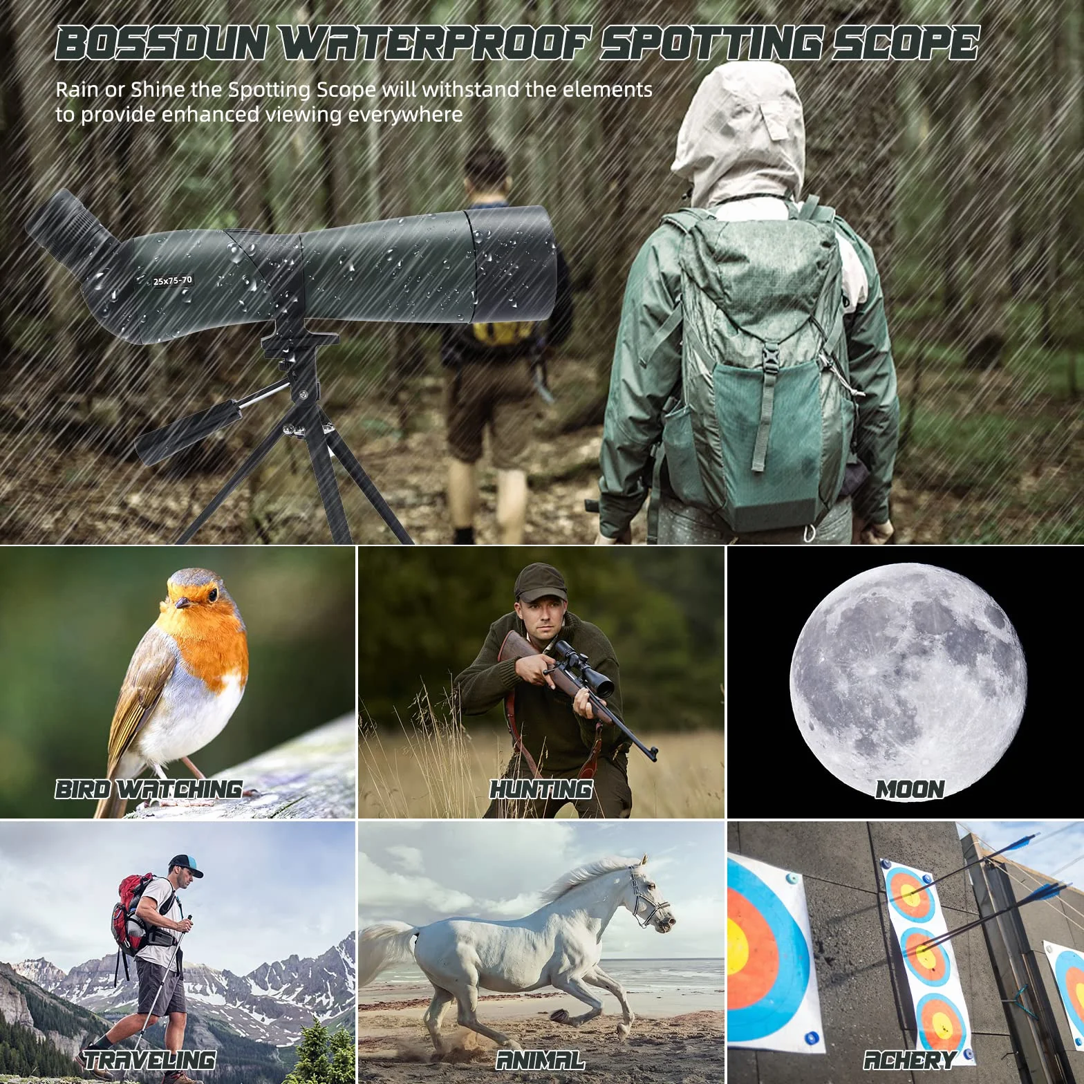 25-75X Spektiv, Teleskope-Wasserdichtes Zielfernrohr mit BAK4 Prisma Stativ Telefon Adapter Tragetasche, für Zielschießen Vogelbeobachtung Wildtiere, Mond