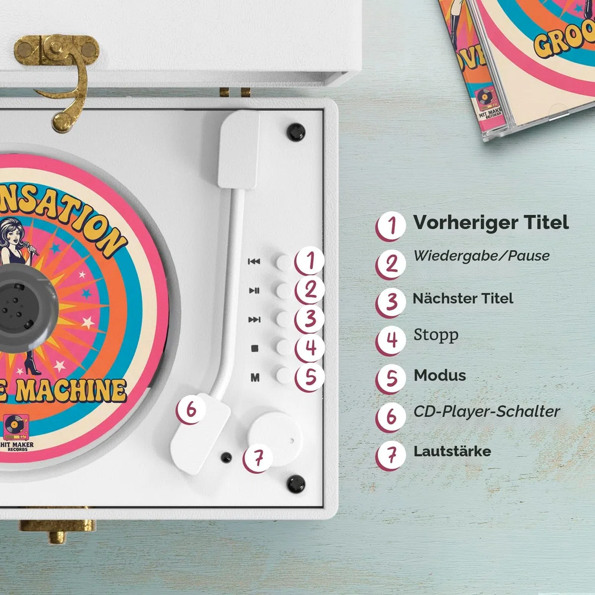KLIM Retro CD Player – Tragbarer CD-Player mit Lautsprecher, Bluetooth-Empfänger, AUX, USB, Akku, Retro-Design, für Zuhause und Dekoration – Weiß