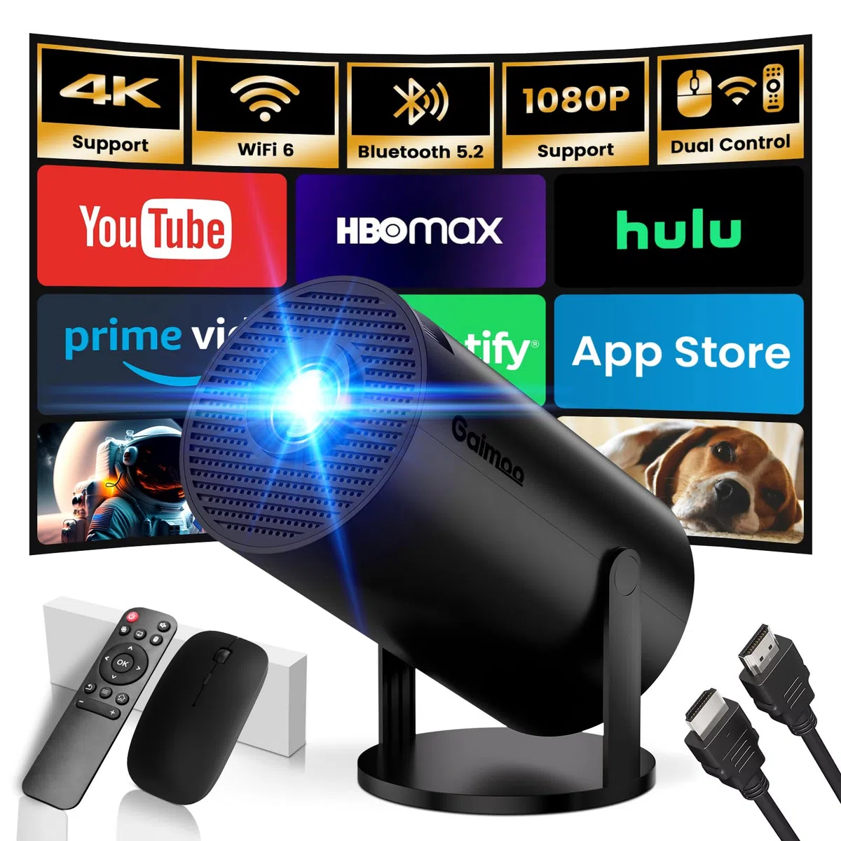 Mini Beamer 4K Full HD 1080P Projektor mit WiFi 6 Bluetooth 5.2 Auto Keystone 180° Drehbar Schwarz