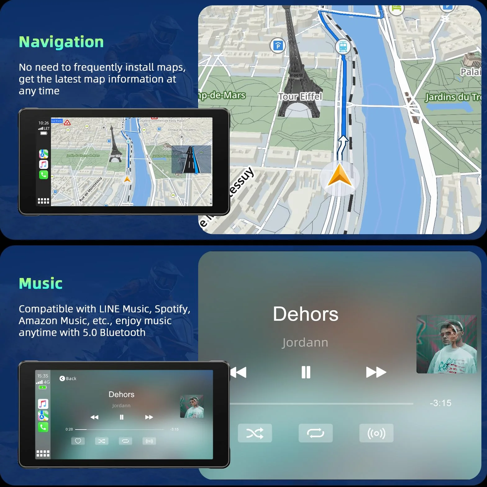 Volam Carplay Motorrad Android Auto, tragbares Display mit Dashcam, 2K+1080P, 5,5 Zoll Wasserdichter Touchscreen, Navigation, Siri/Google Assistant, APP, 64TF-Karte