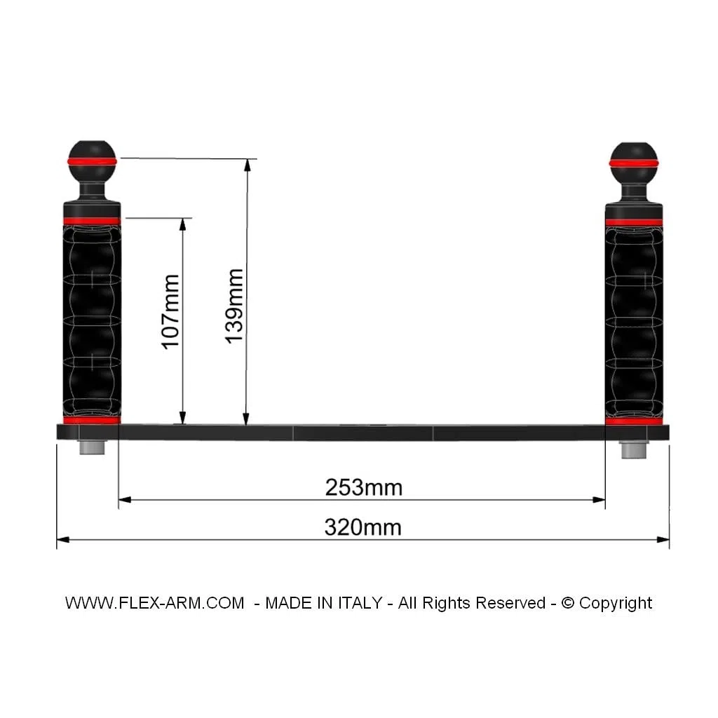 Kameraschiene 320 mm für Unterwassergehäuse mit Doppelgriff und Kugel 25 mm Unterwasserfotografie FLEX-ARM ST20204