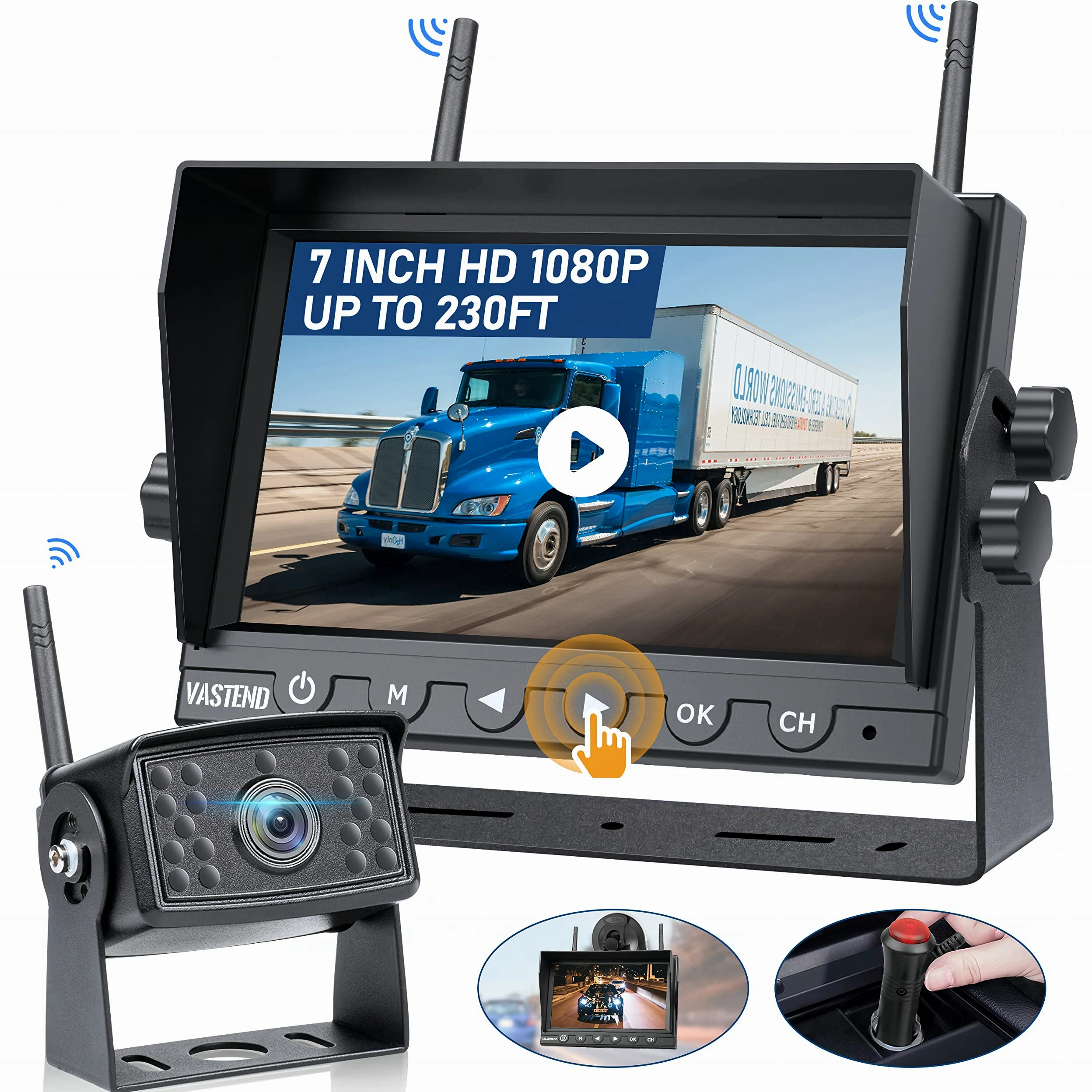 Kabellos Rückfahrkamera Set HD 1080P 7'' Monitor IP69 wasserdichte Backup Kamera 150° Weitwinkel Nachtsicht für Van PKW LKW Wohnwagen