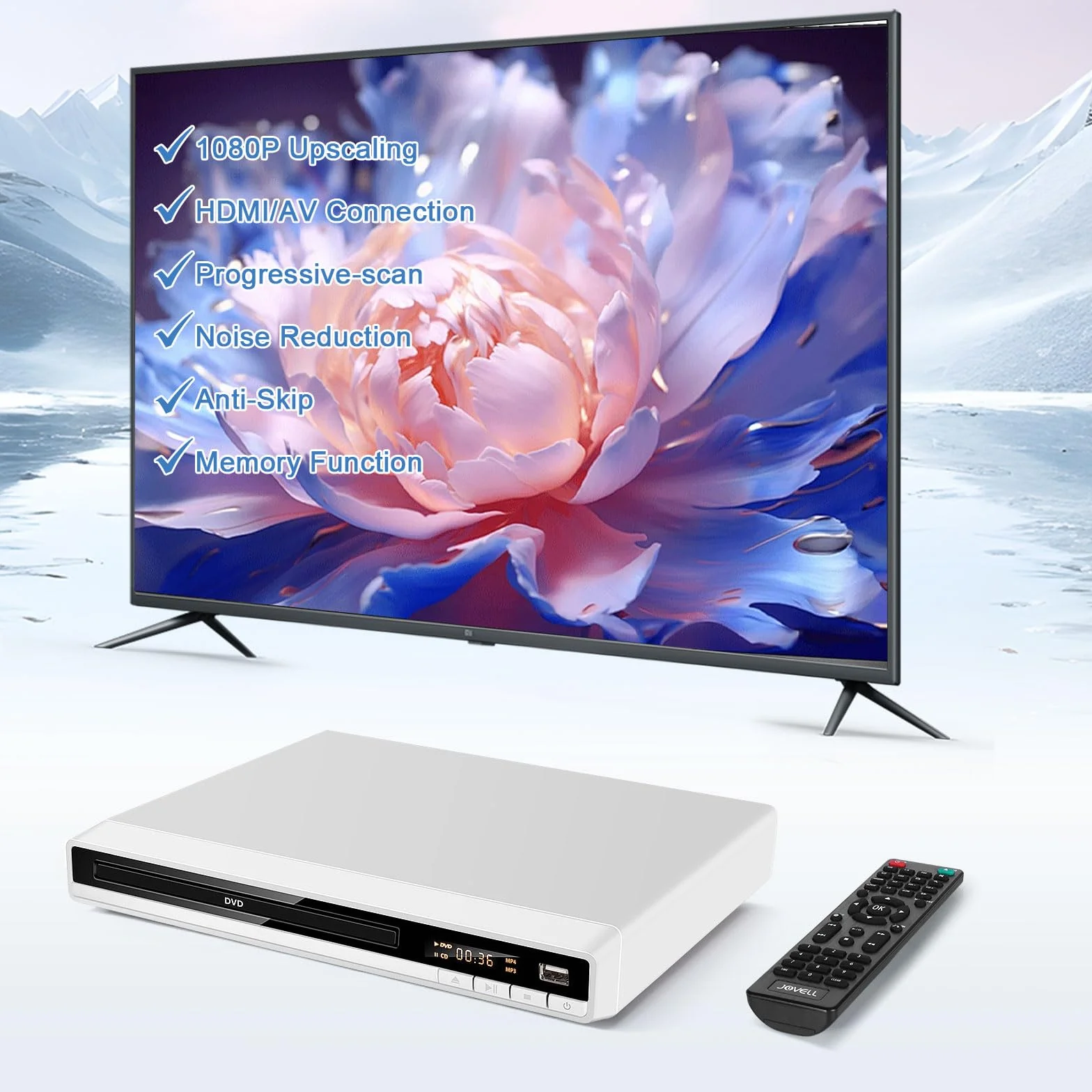 DVD Player Weiß, Regionsfrei DVD Spieler für Fernseher mit HDMI AV Ausgang Kabel Enthalten, DVD-CD-Player mit USB Eingang, Fehler Korrektur, Integriertes PAL NTSC-System (DVD-168, Kein Blu-ray)