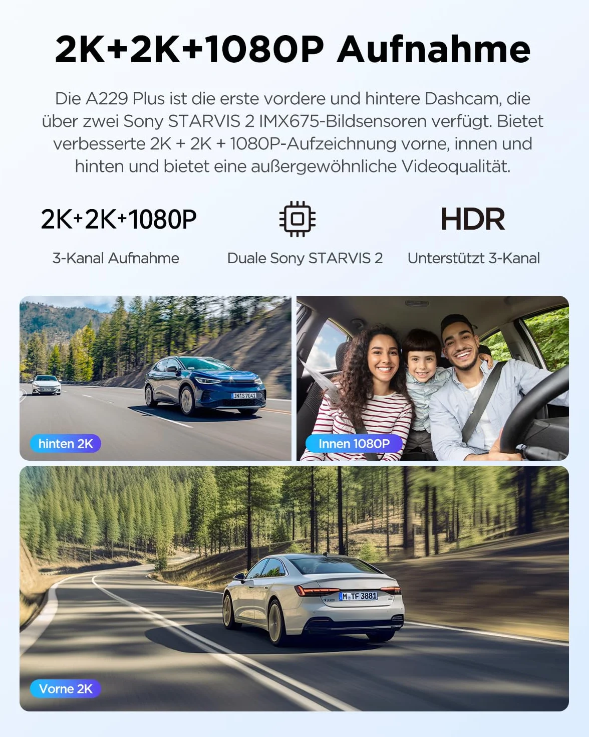 VIOFO A229 Plus 3 Lens 2K + 2K + 1080P, Dual STARVIS 2, HDR Vorne hinten Dashcam Auto, Sprachsteuerung & 5GHz Wi-Fi WLAN Autokamera, Ultrapräzises GPS, Super Nachtsicht 2.0, Sprachausgabe, 512 GB Max