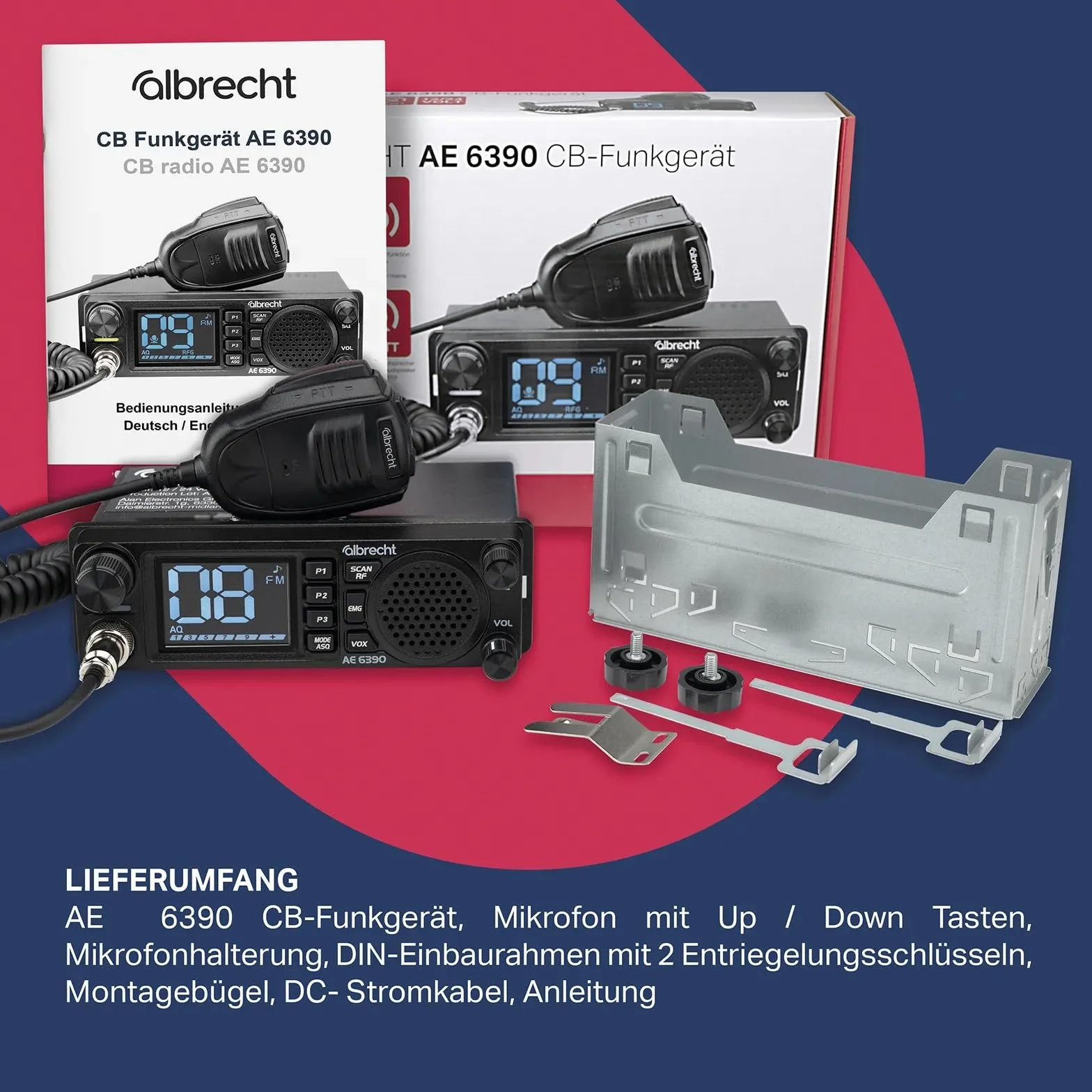 Albrecht AE 6390 CB-Funkgerät – 2,4" Display, VOX Freisprechfunktion, DIN-Einbau, 40 AM/FM Kanäle, 2W Frontlautsprecher, Kanalsuchlauf, RF Gain, inkl. Mikrofon & Zubehör, schwarz, 12639