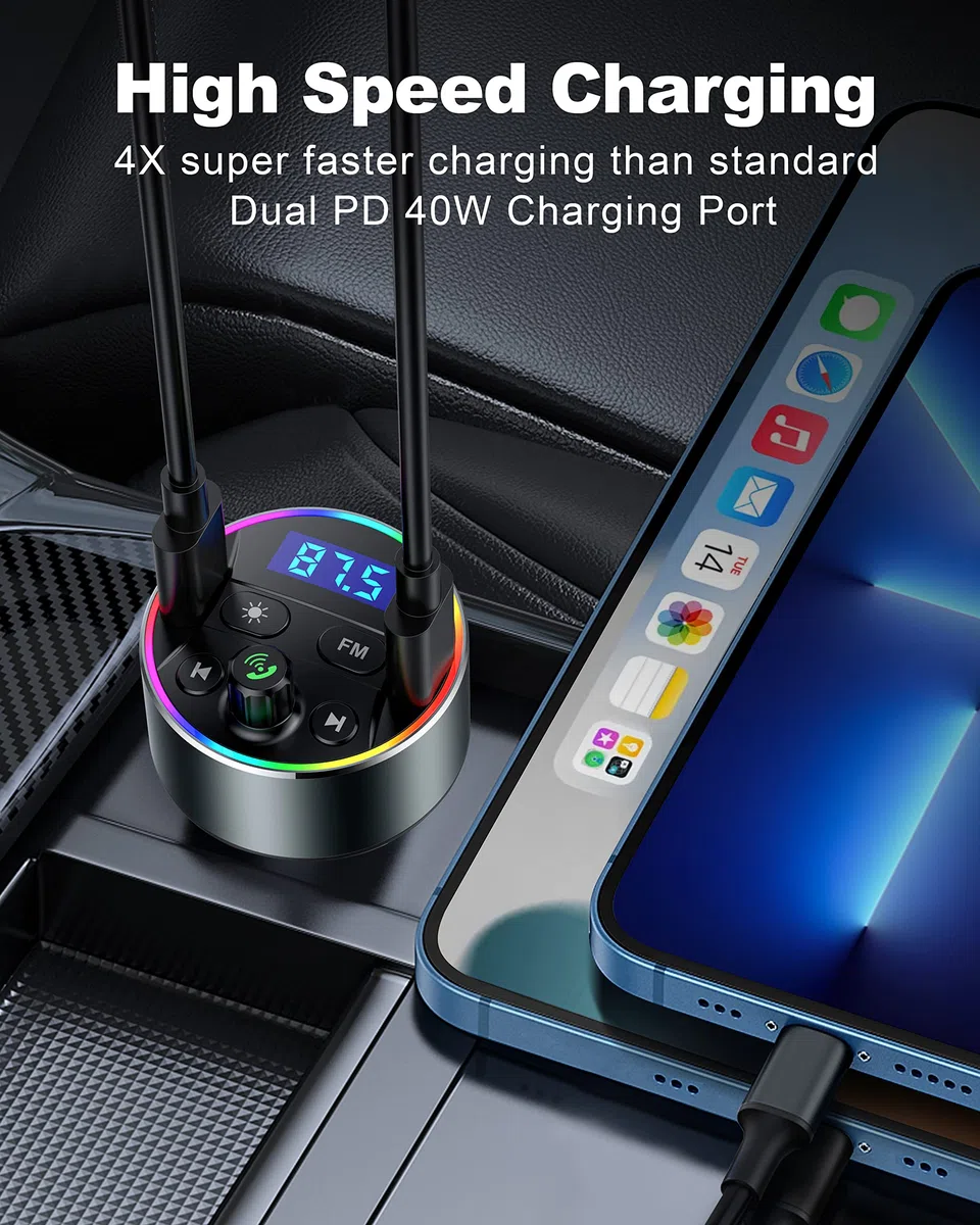 Bluetooth 5.3 FM-Transmitter, Dual PD 40W Typ-C USB kfz Schnelles Ladegerät, Kabellos Bluetooth Auto Adapter mit Mikrofon und HiFi-Sound MP3 Musikplayer, Radio Audio Receiver Support Freisprechanrufe
