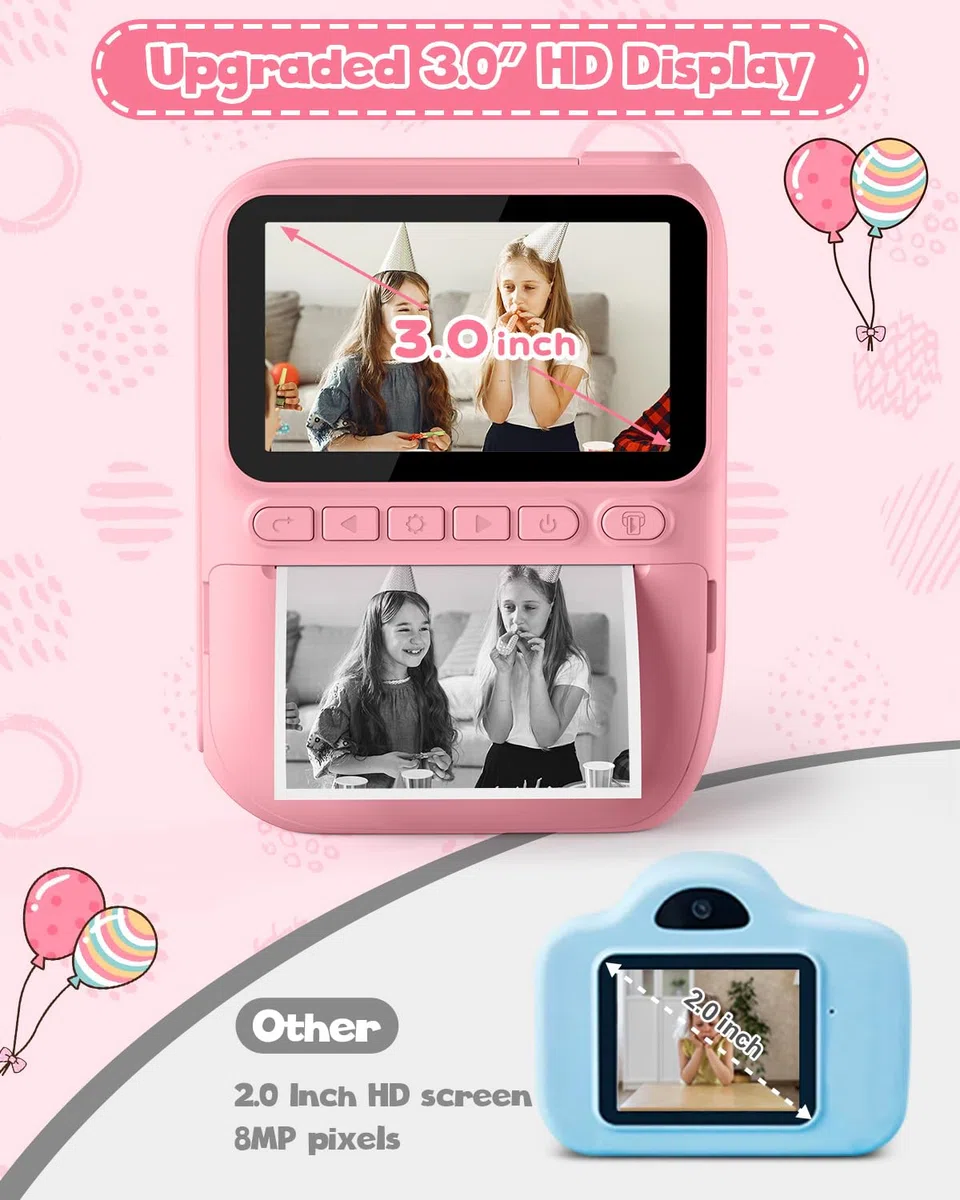 Kinderkamera Sofortbildkamera 3,0 Zoll 1080P Digitalkamera mit Druckerpapier & 32GB Karte für 3-10 Jahre Rosa