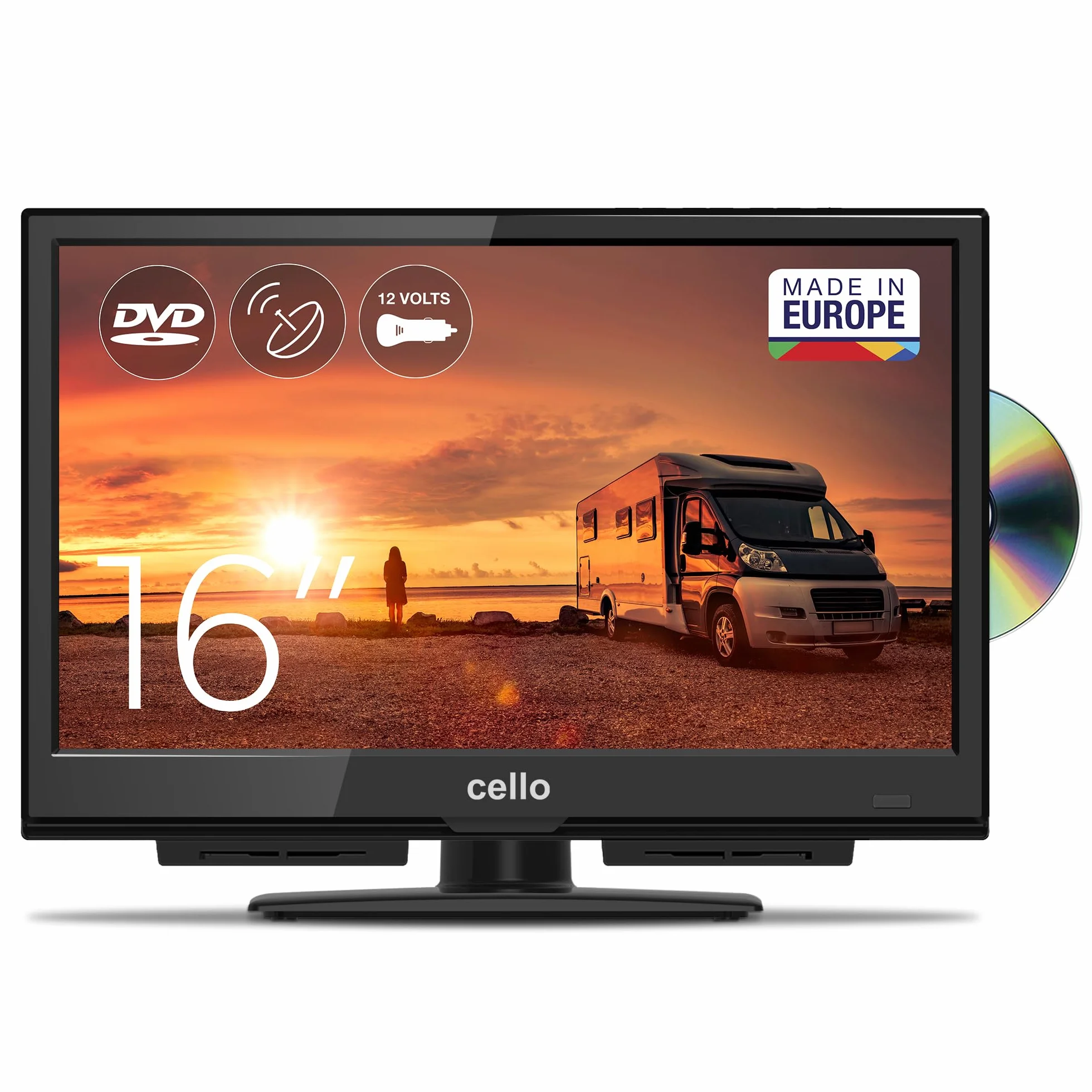 Cello C1624F-12V 16" Zoll Full HD LED TV Integrierter DVD-Player Triple Tuner DVB-T/T2-C-S/S2 HDMI USB 12V KFZ Camping Reise Adapter, Pitch Perfect Sound für EIN einzigartiges Klangerlebnis (2025)