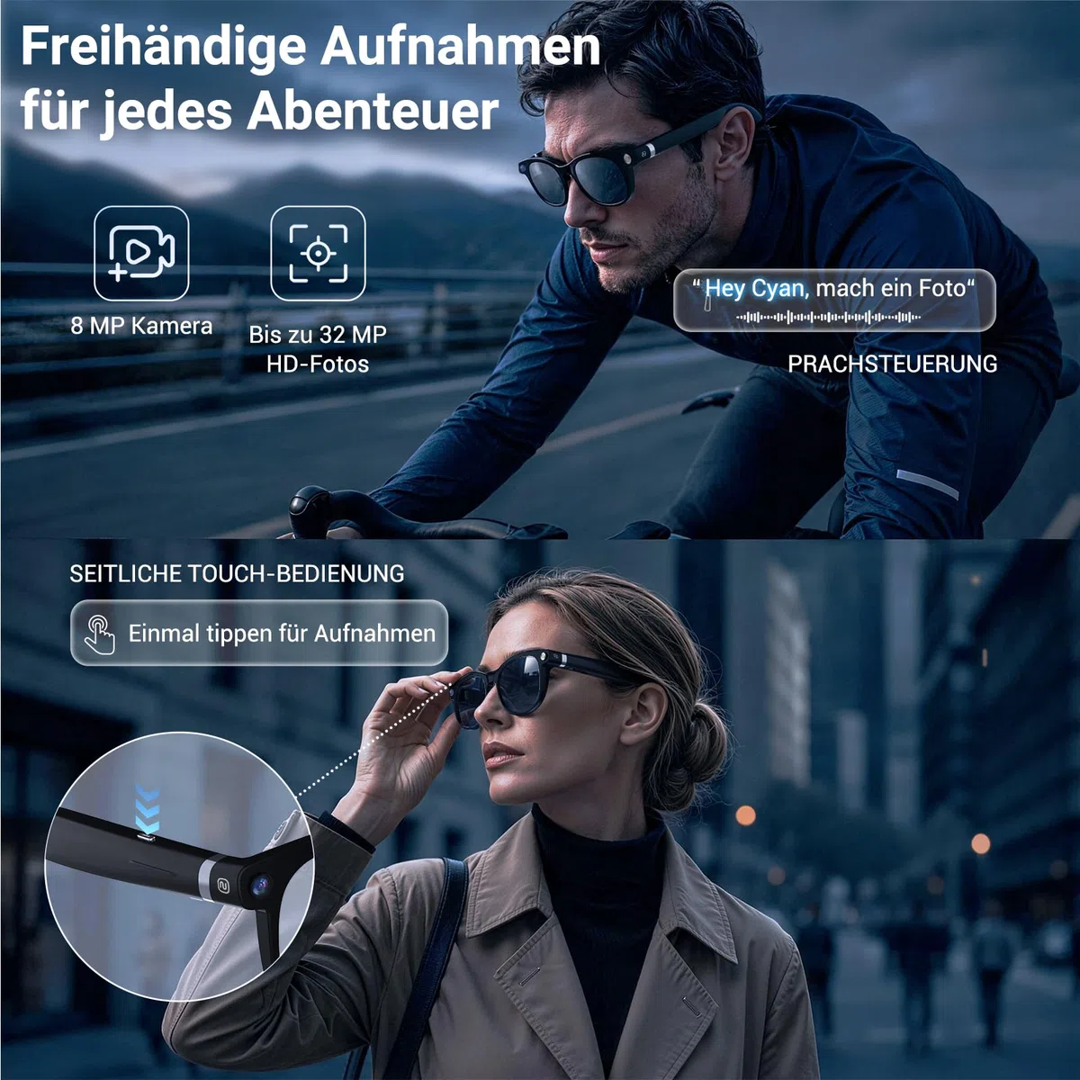 KI Brille mit Kamera, 8MP Kamera, 1080P HD Videoaufnahme mit EIS, Open-Ear Audio, ChatGPT KI, Echtzeitübersetzung, Objekterkennung, selbsttönende Brillengläser mit Blaulicht- und UV-Schutz