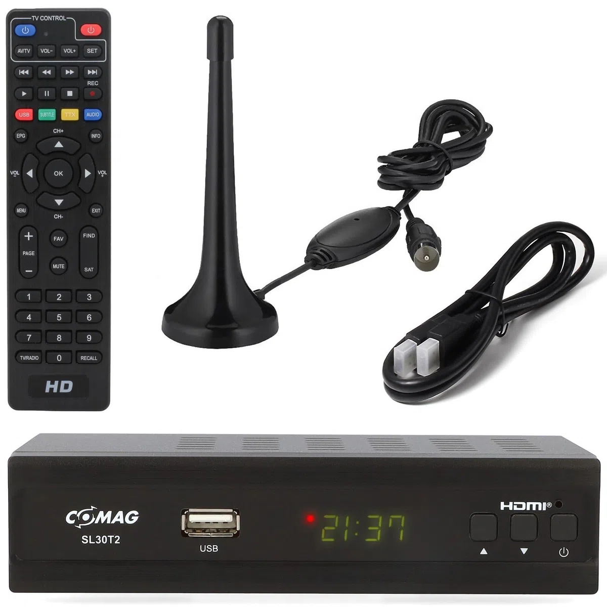 Comag SL30 DVB-T2 Receiver + aktive Zimmerantenne HDMI Kabel, HDTV für frei Empfangbare DVB-T2 Sender mit USB TV Aufnahme (PVR Ready)