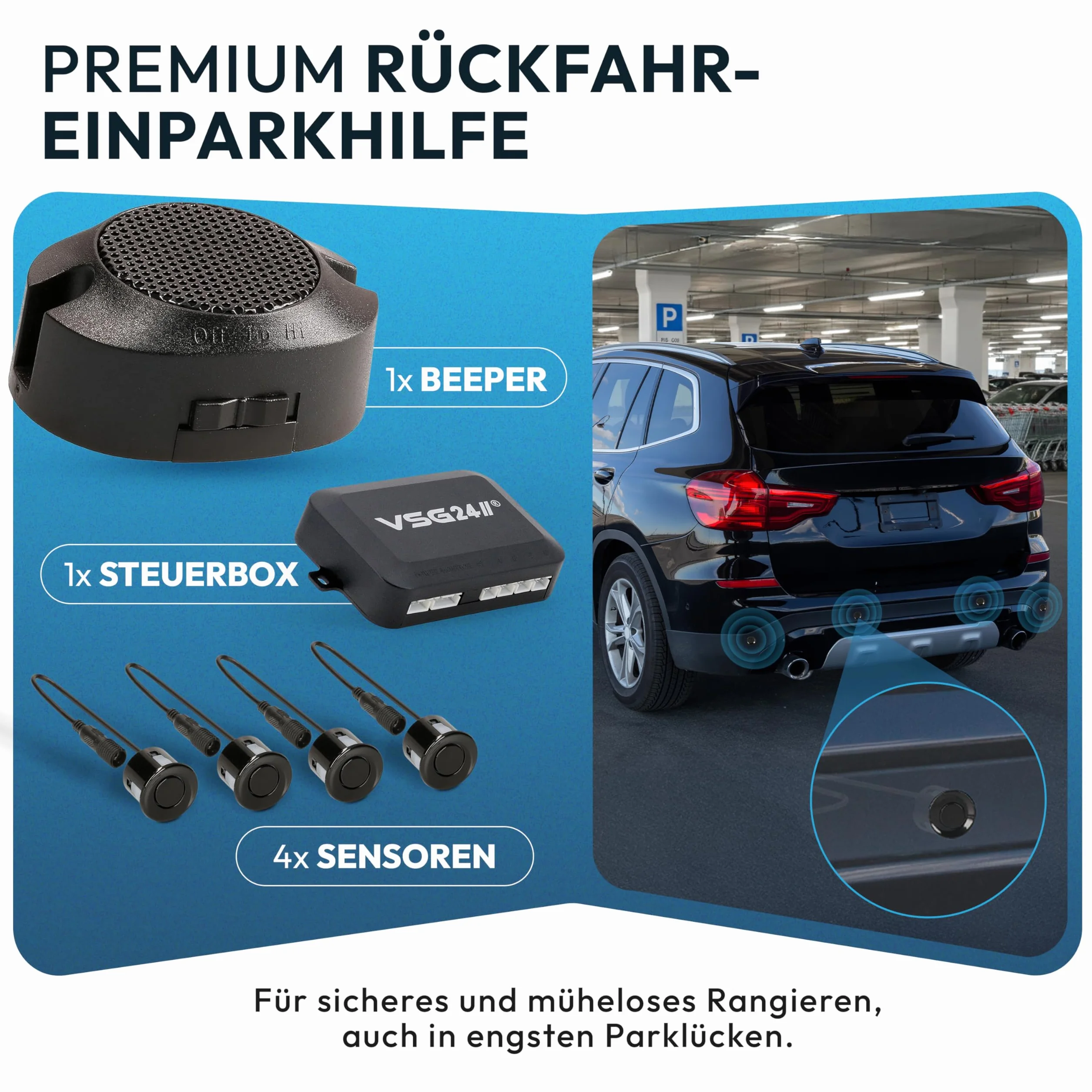 VSG24 Einparkhilfe Set hinten mit 4 Sensoren – robuste PDC Parkhilfe für Auto, SUV & Transporter – akustischer Rückfahrwarner, 30–150 cm Reichweite – 12V Nachrüstsystem
