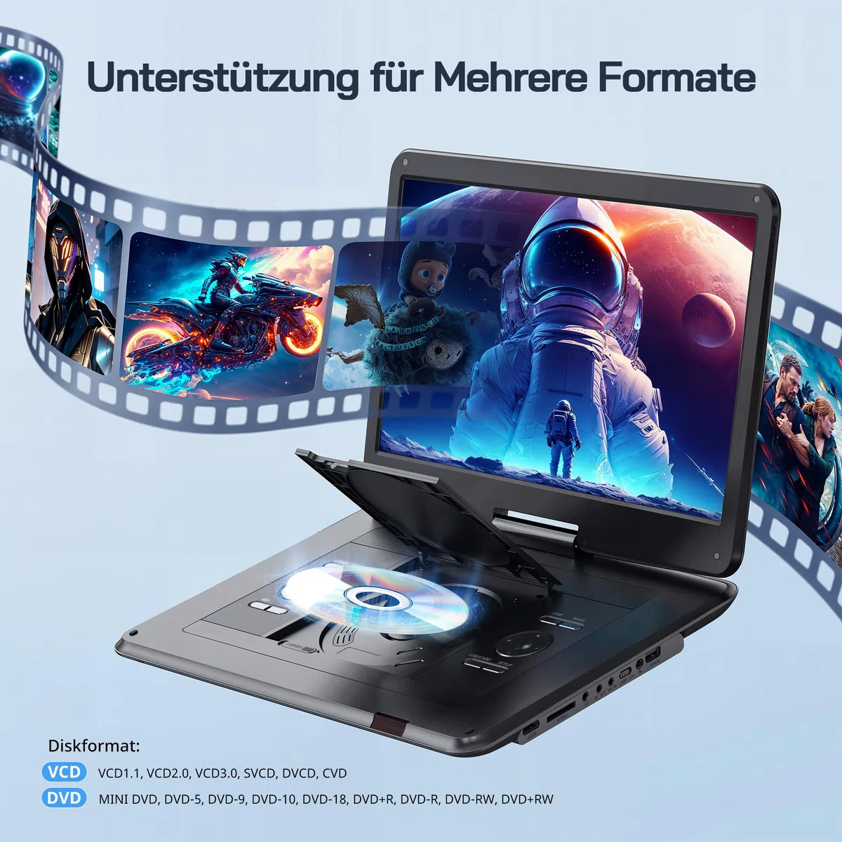 WOLFANG 17,5 Zoll Aufladbarer Tragbarer DVD-Player, 15,6 Zoll HD Bildschirm, 6 Stunden Spielzeit, Sync TV/Beamer, USB/SD Kompatibel, Regionsfrei (Schwarz)